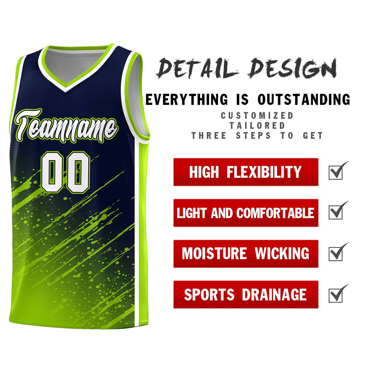Custom Navy Basketball Kits With Neon Green Paint Graffiti