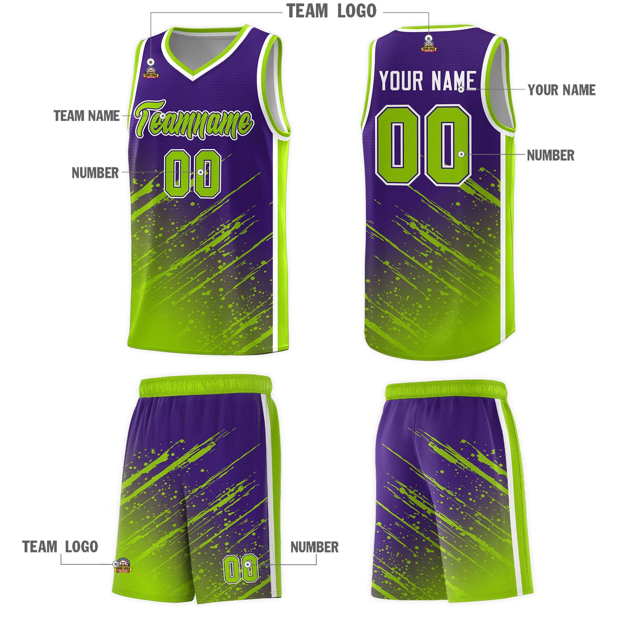 Custom Purple Basketball Kits With Neon Green Paint Graffiti