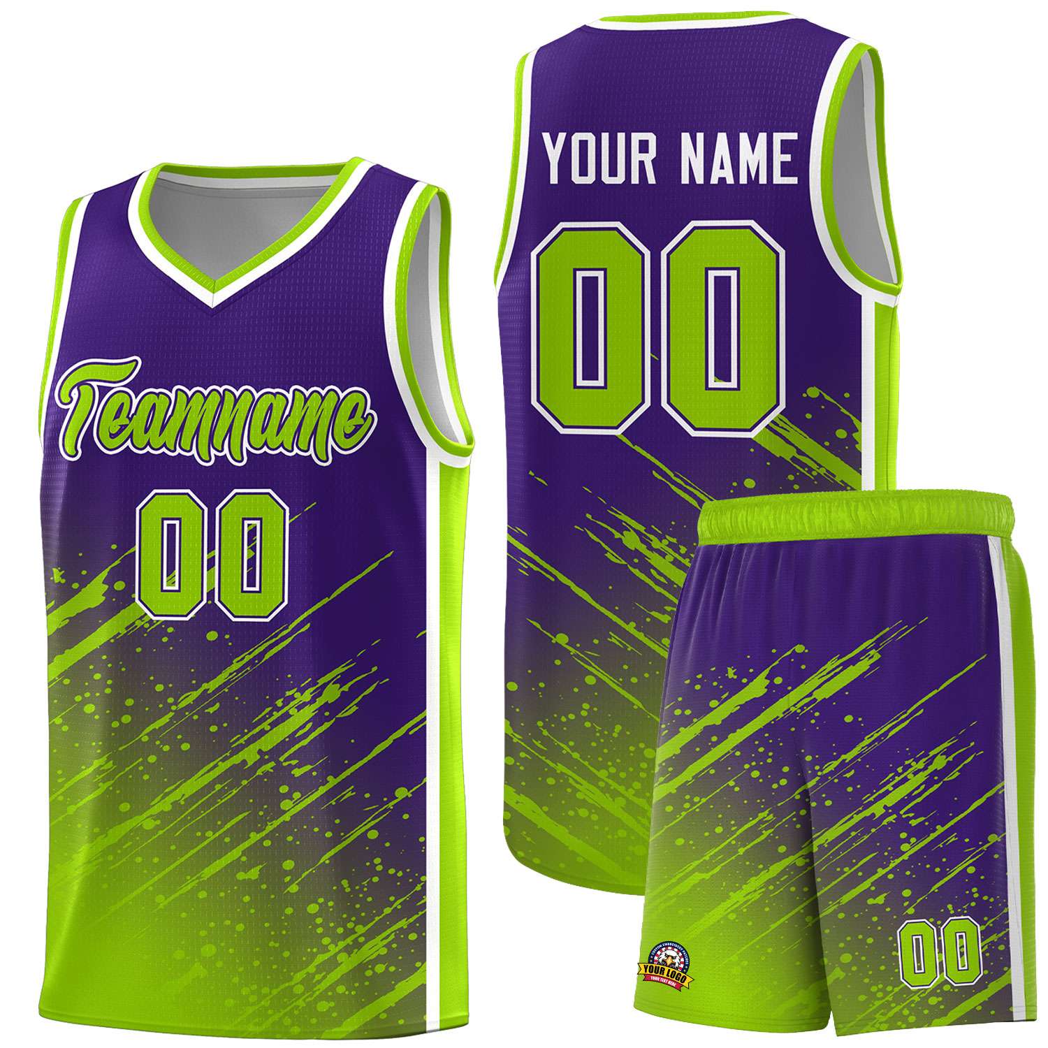 Custom Purple Basketball Kits With Neon Green Paint Graffiti