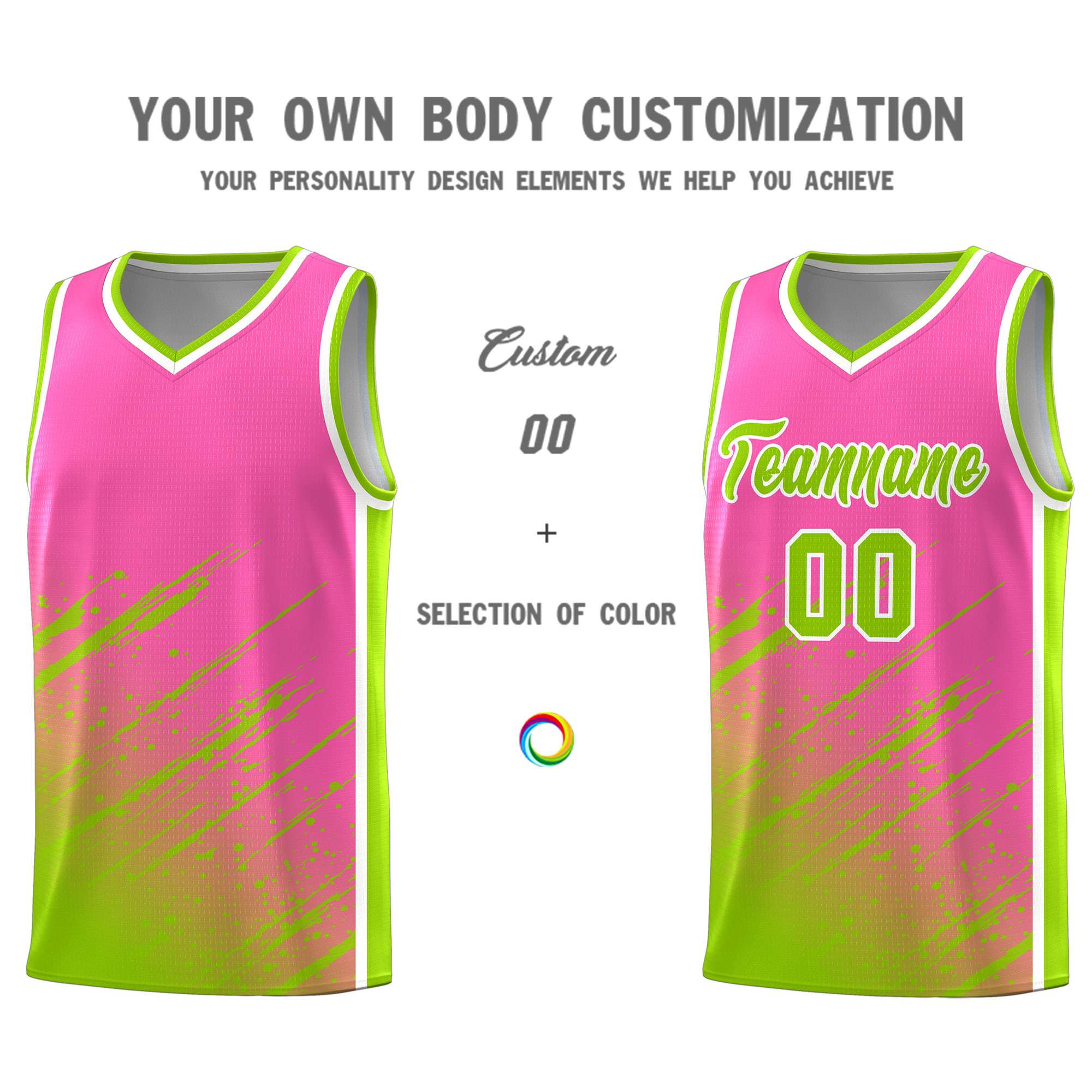 Custom Pink Basketball Kits With Neon Green Paint Graffiti