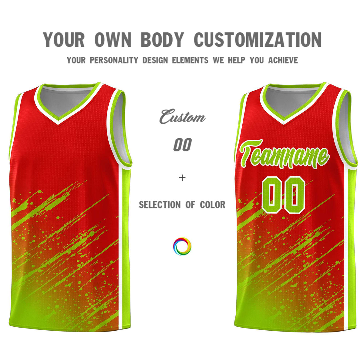 Custom Red Basketball Kits With Neon Green Paint Graffiti