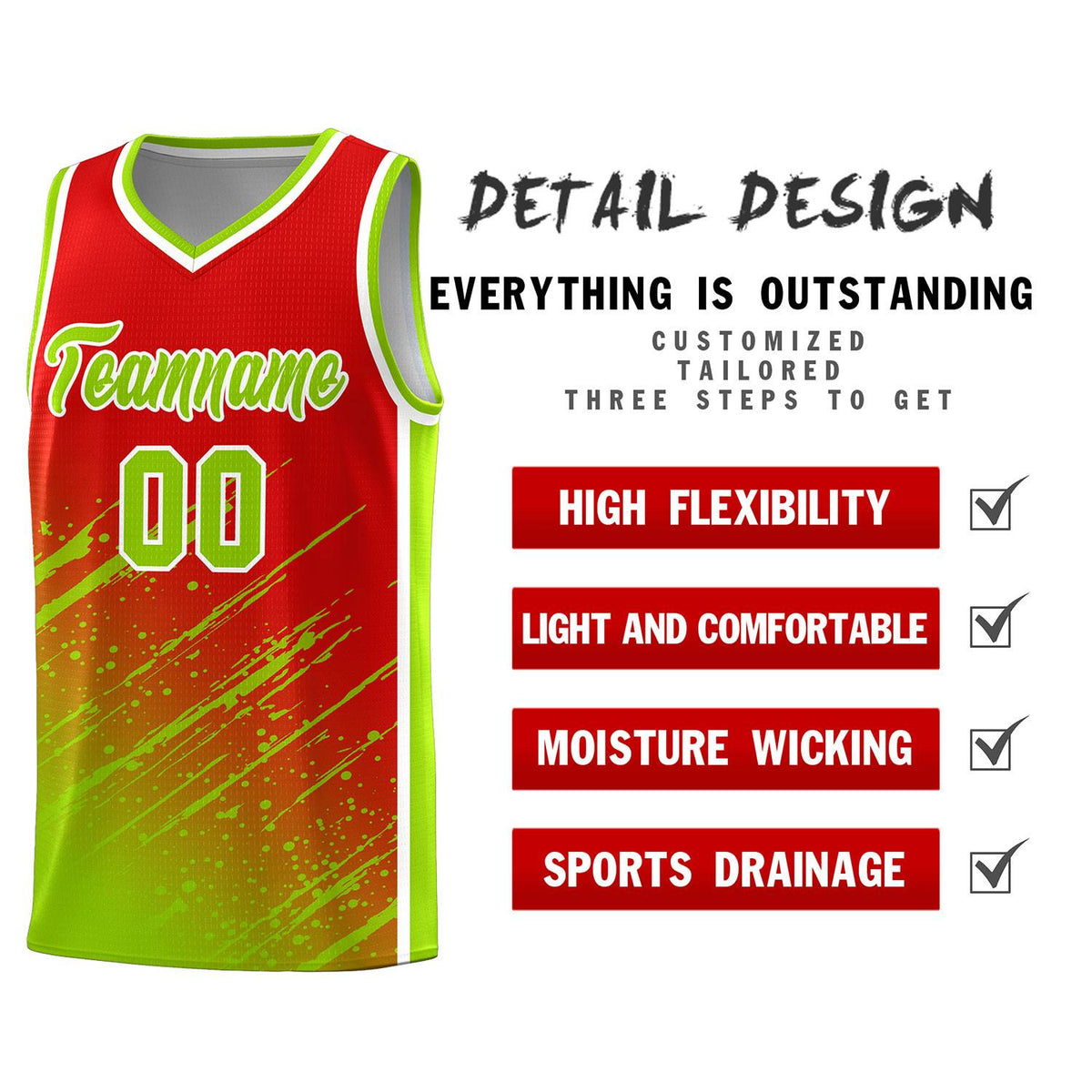 Custom Red Basketball Kits With Neon Green Paint Graffiti