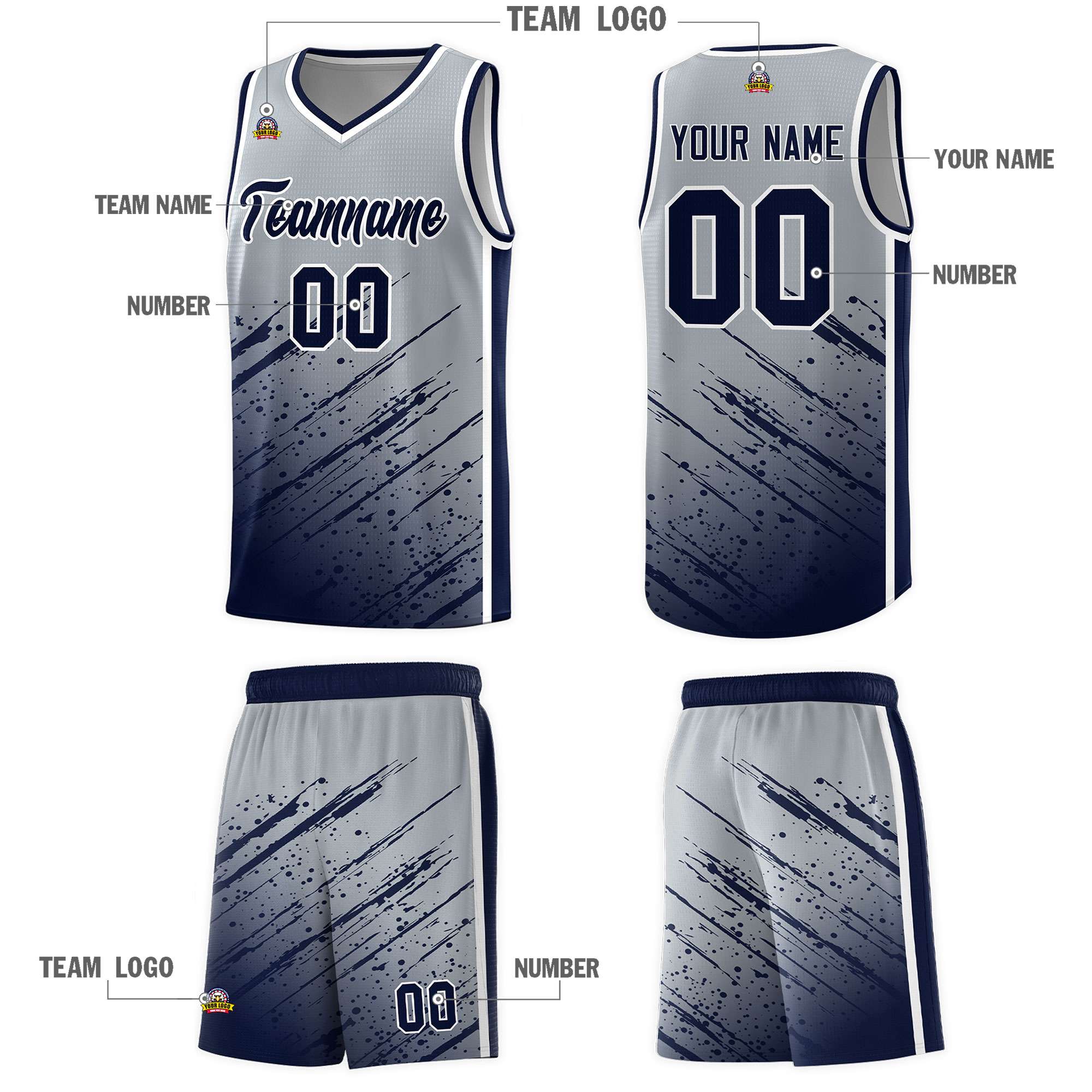 Custom Gray Basketball Kits With Navy Paint Graffiti