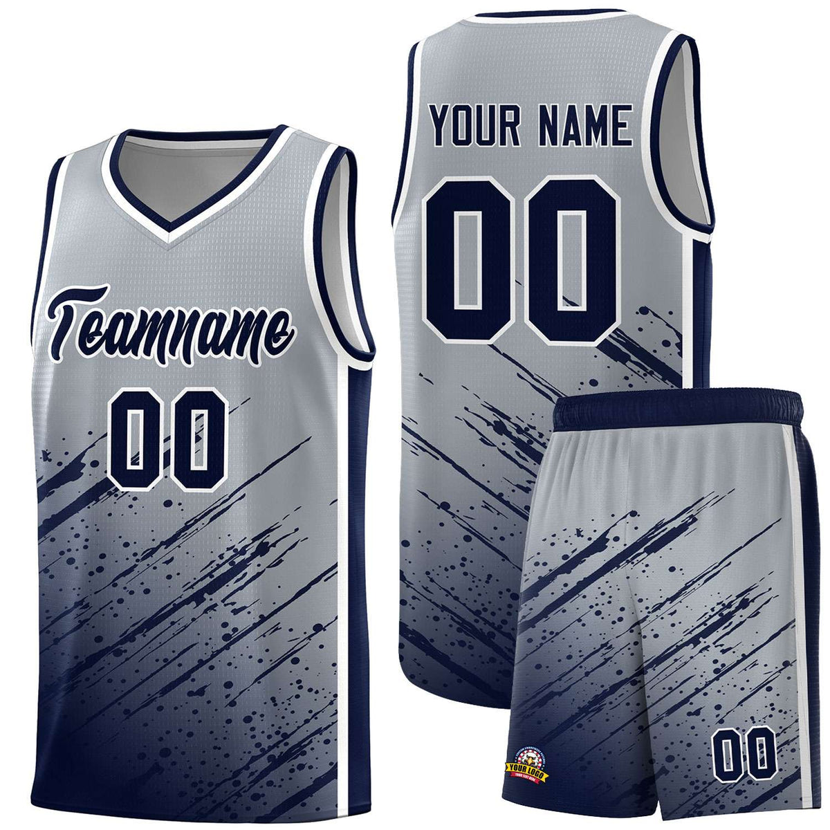 Custom Gray Basketball Kits With Navy Paint Graffiti