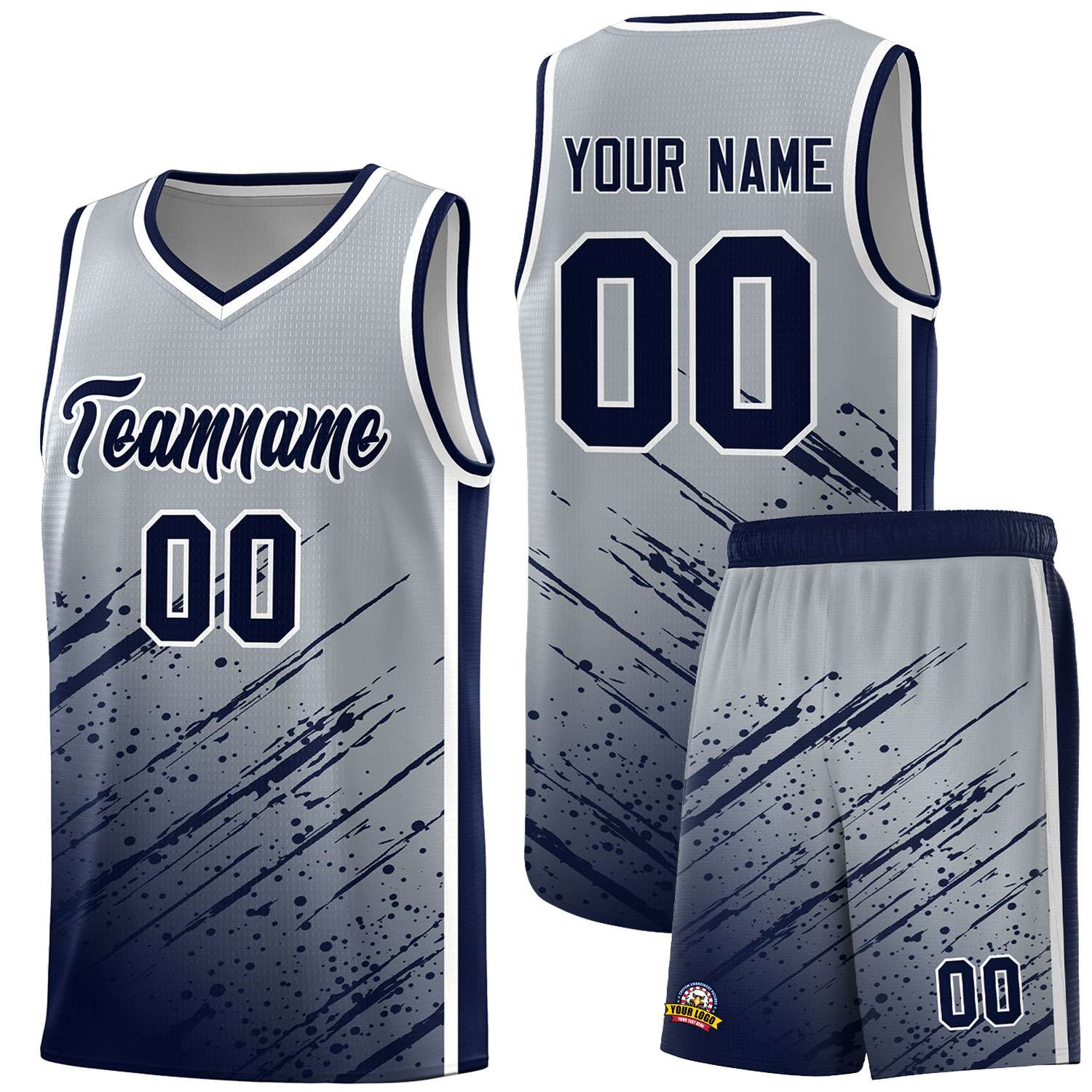 Custom Gray Basketball Kits With Navy Paint Graffiti