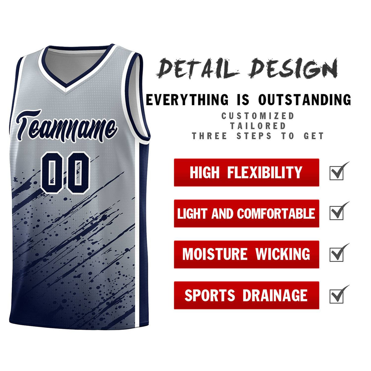 Custom Gray Basketball Kits With Navy Paint Graffiti