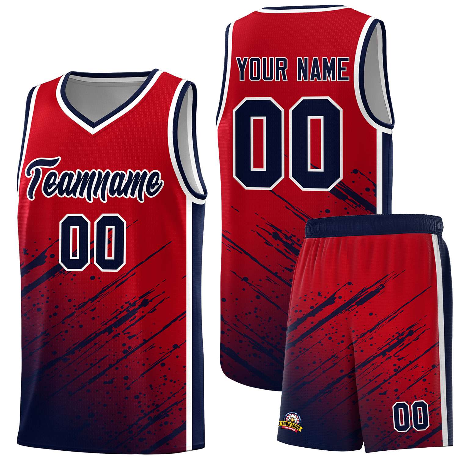 Custom Red Basketball Kits With Navy Paint Graffiti
