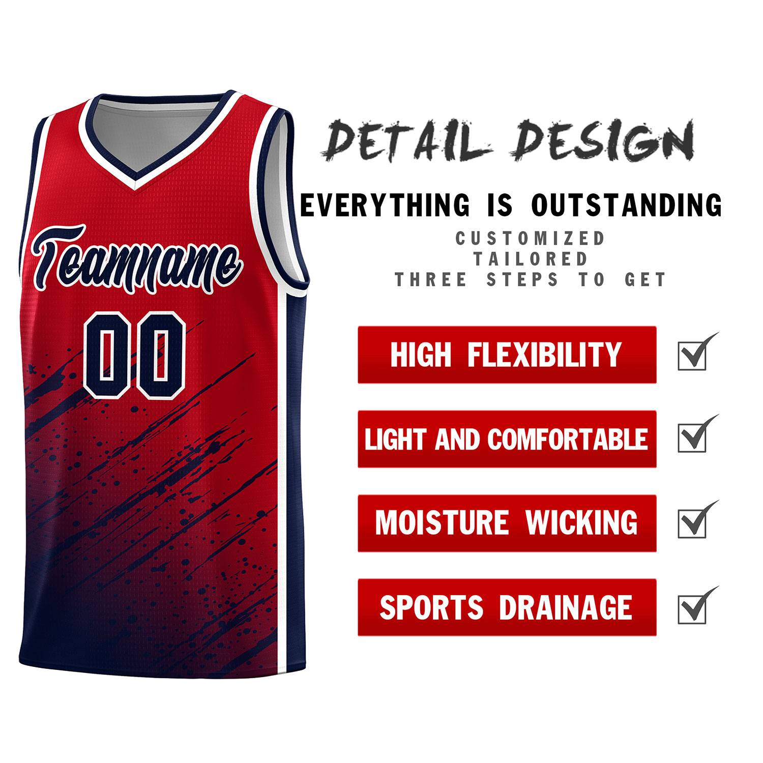 Custom Red Basketball Kits With Navy Paint Graffiti