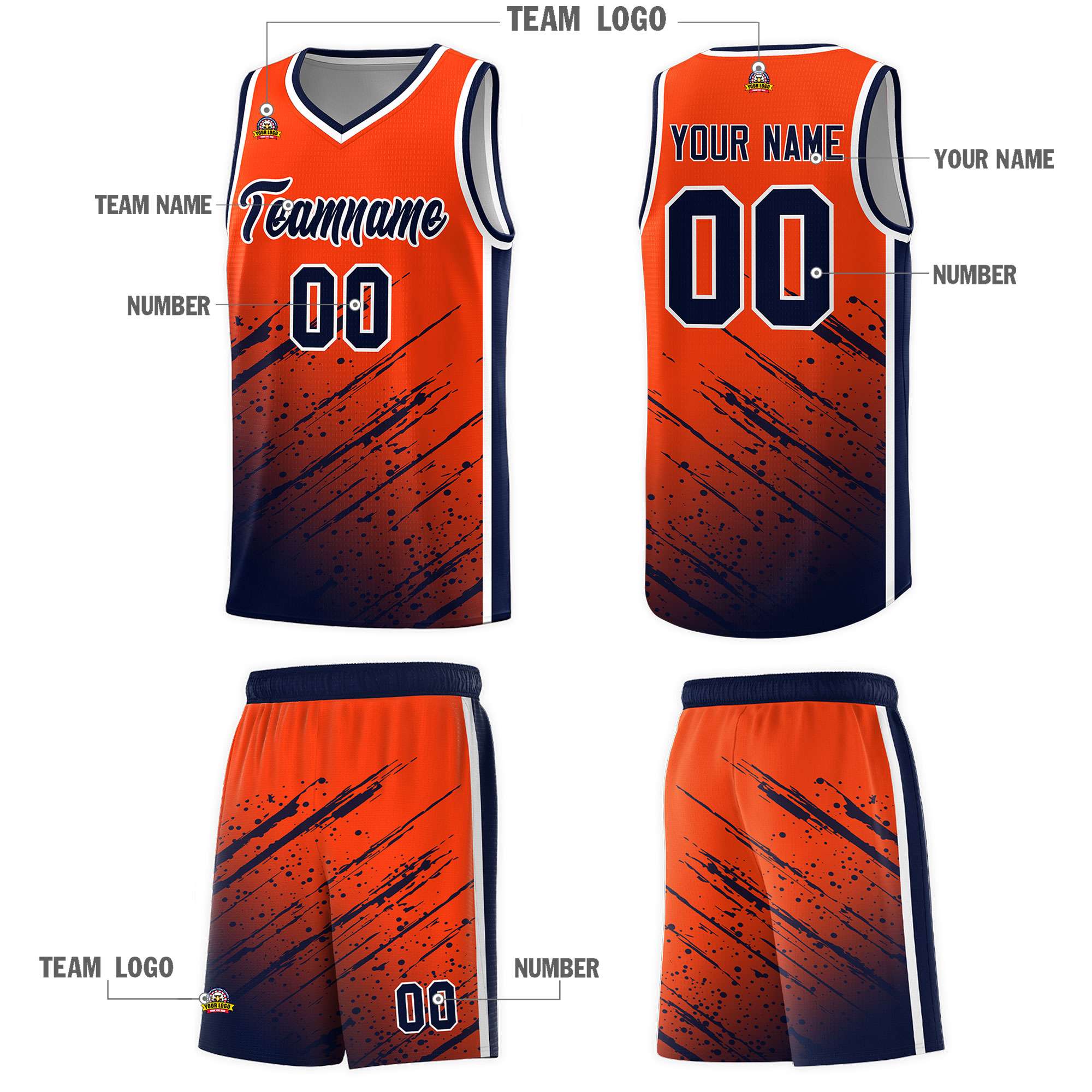 Custom Orange Basketball Kits With Navy Paint Graffiti