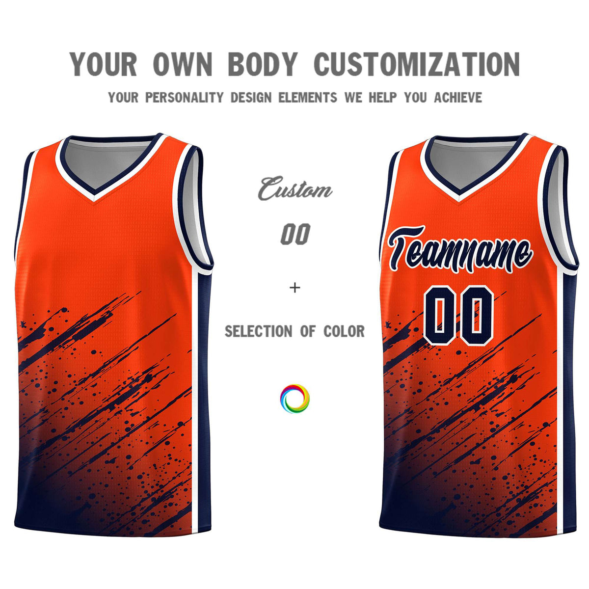 Custom Orange Basketball Kits With Navy Paint Graffiti