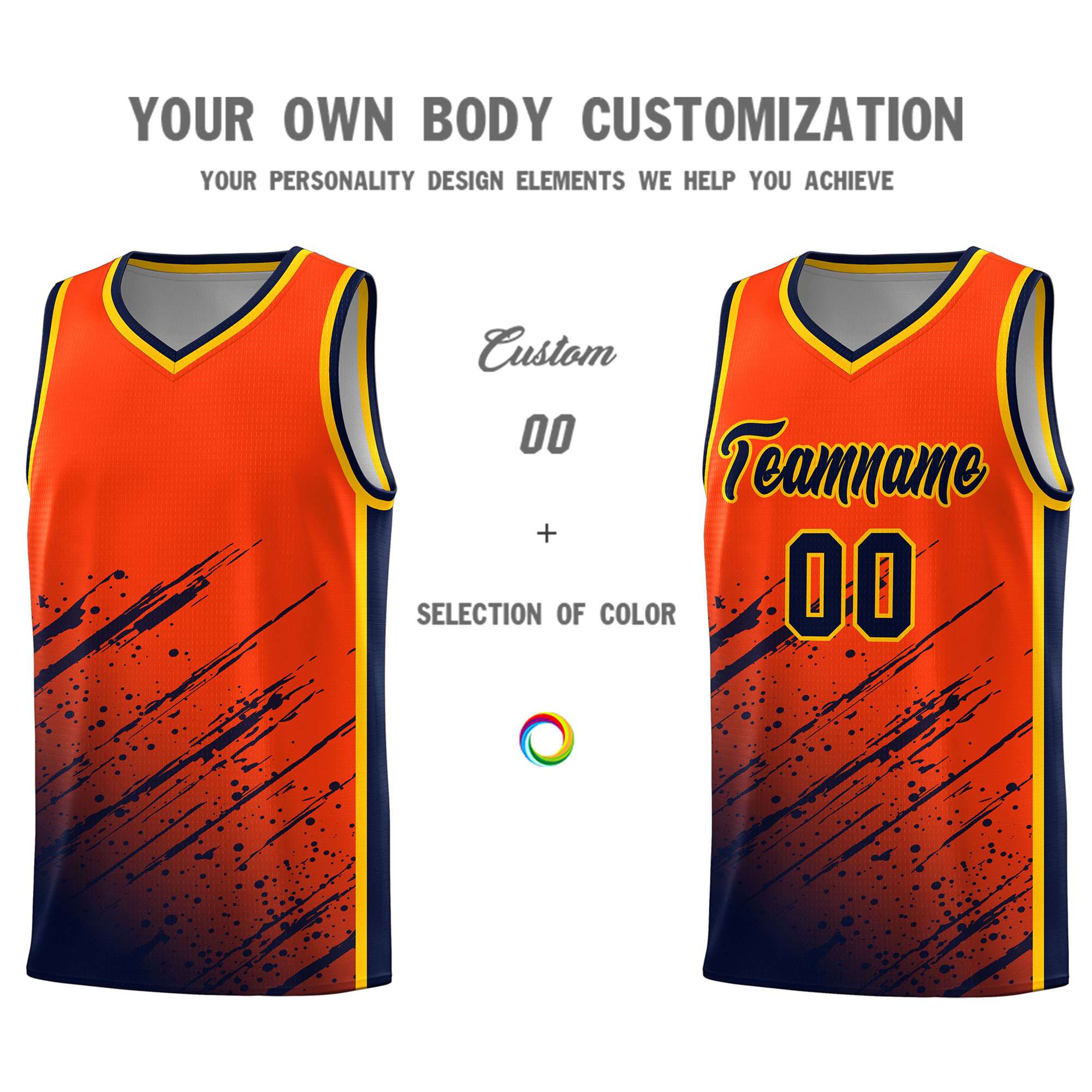 Custom Orange Basketball Kits With Navy Paint Graffiti