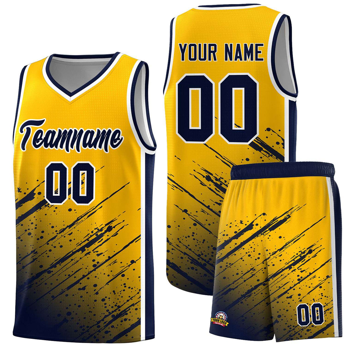 Custom Yellow Basketball Kits With Navy Paint Graffiti
