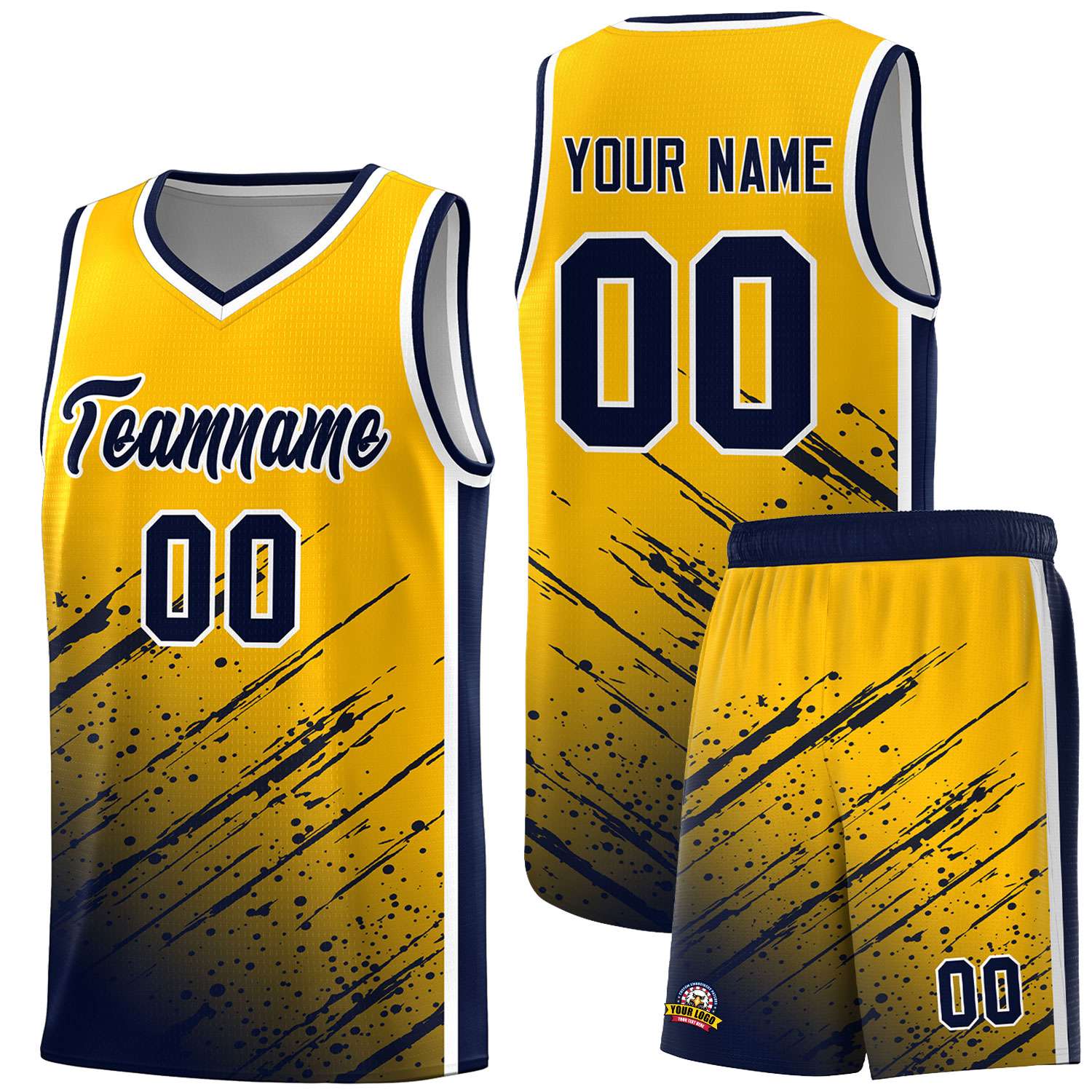 Custom Yellow Basketball Kits With Navy Paint Graffiti