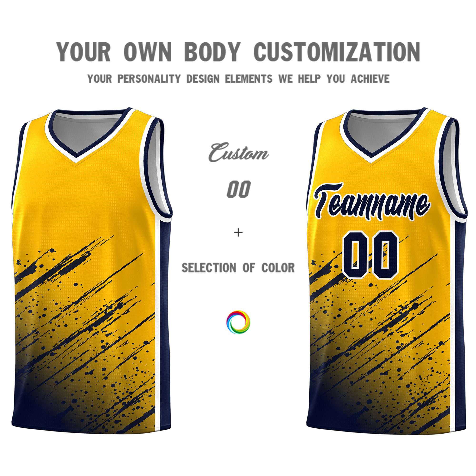 Custom Yellow Basketball Kits With Navy Paint Graffiti