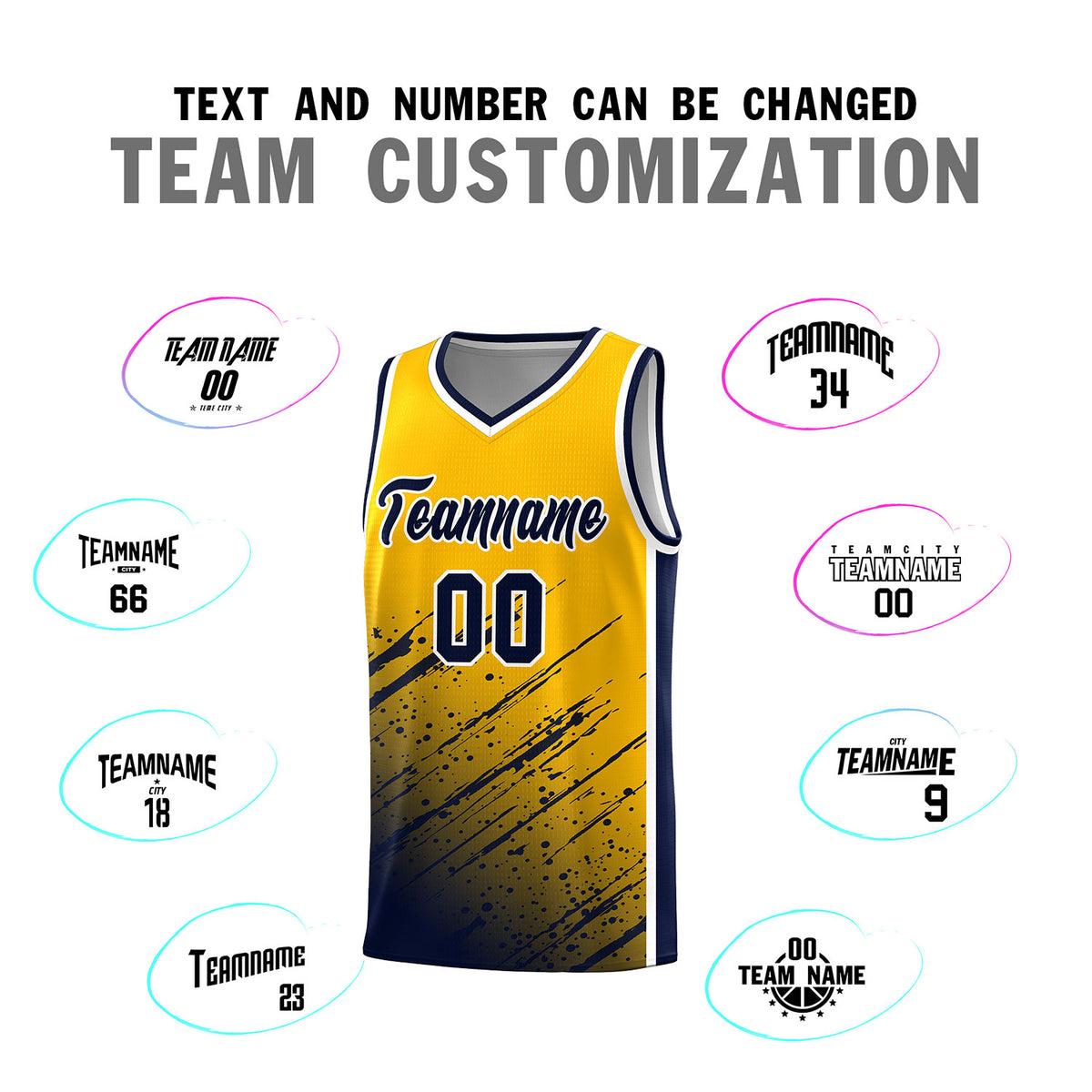 Custom Yellow Basketball Kits With Navy Paint Graffiti