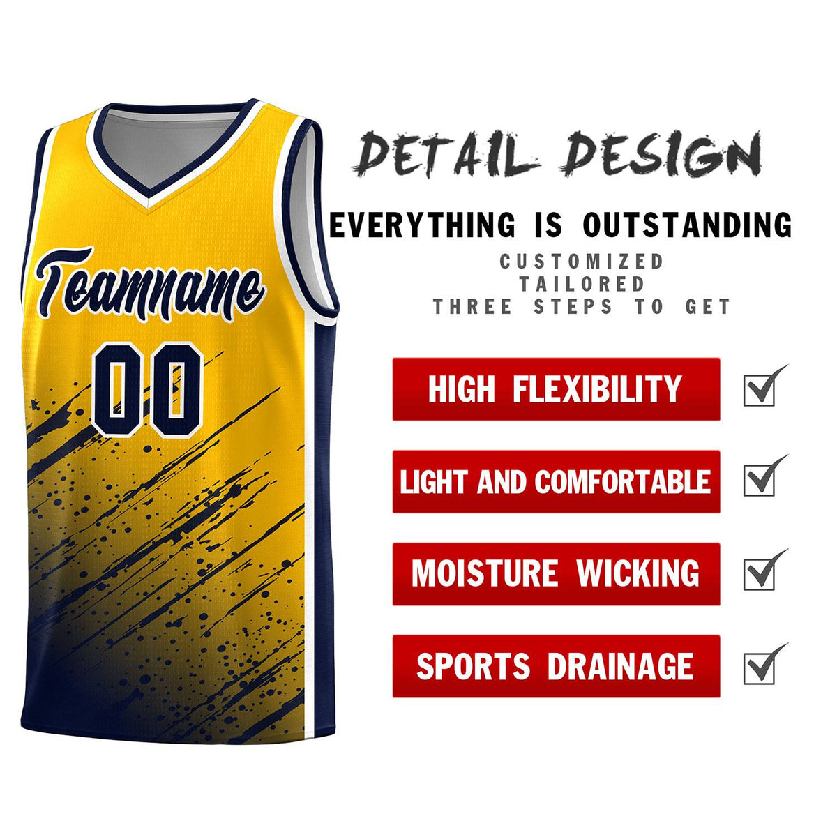 Custom Yellow Basketball Kits With Navy Paint Graffiti