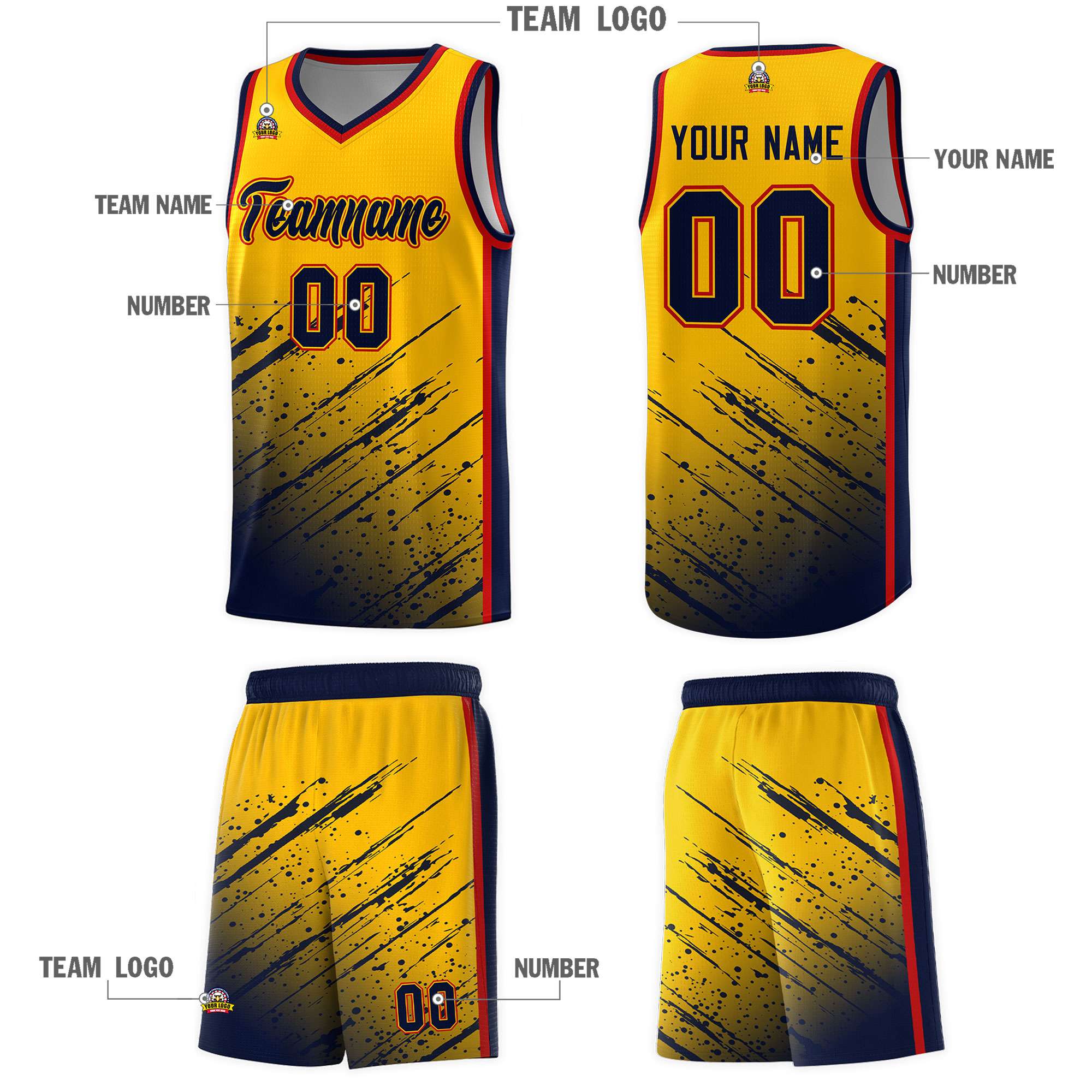 Custom Yellow Basketball Kits With Navy Paint Graffiti