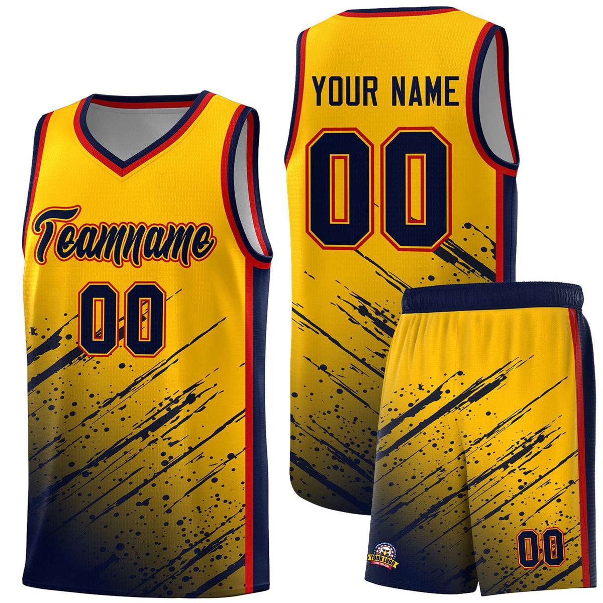 Custom Yellow Basketball Kits With Navy Paint Graffiti