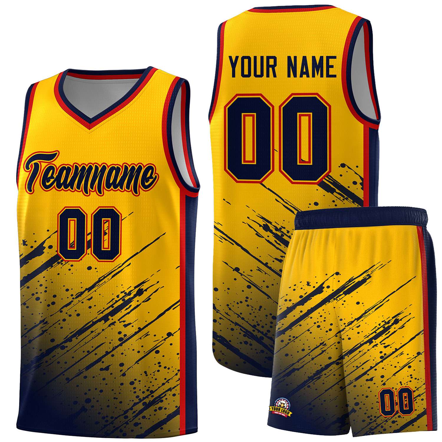 Custom Yellow Basketball Kits With Navy Paint Graffiti
