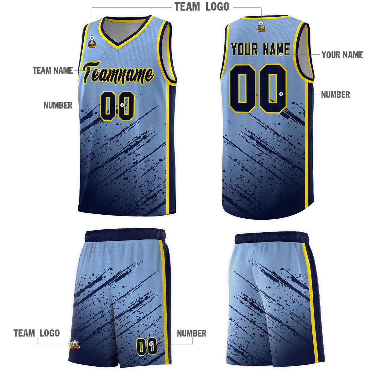 Custom Light Blue Basketball Kits With Navy Paint Graffiti
