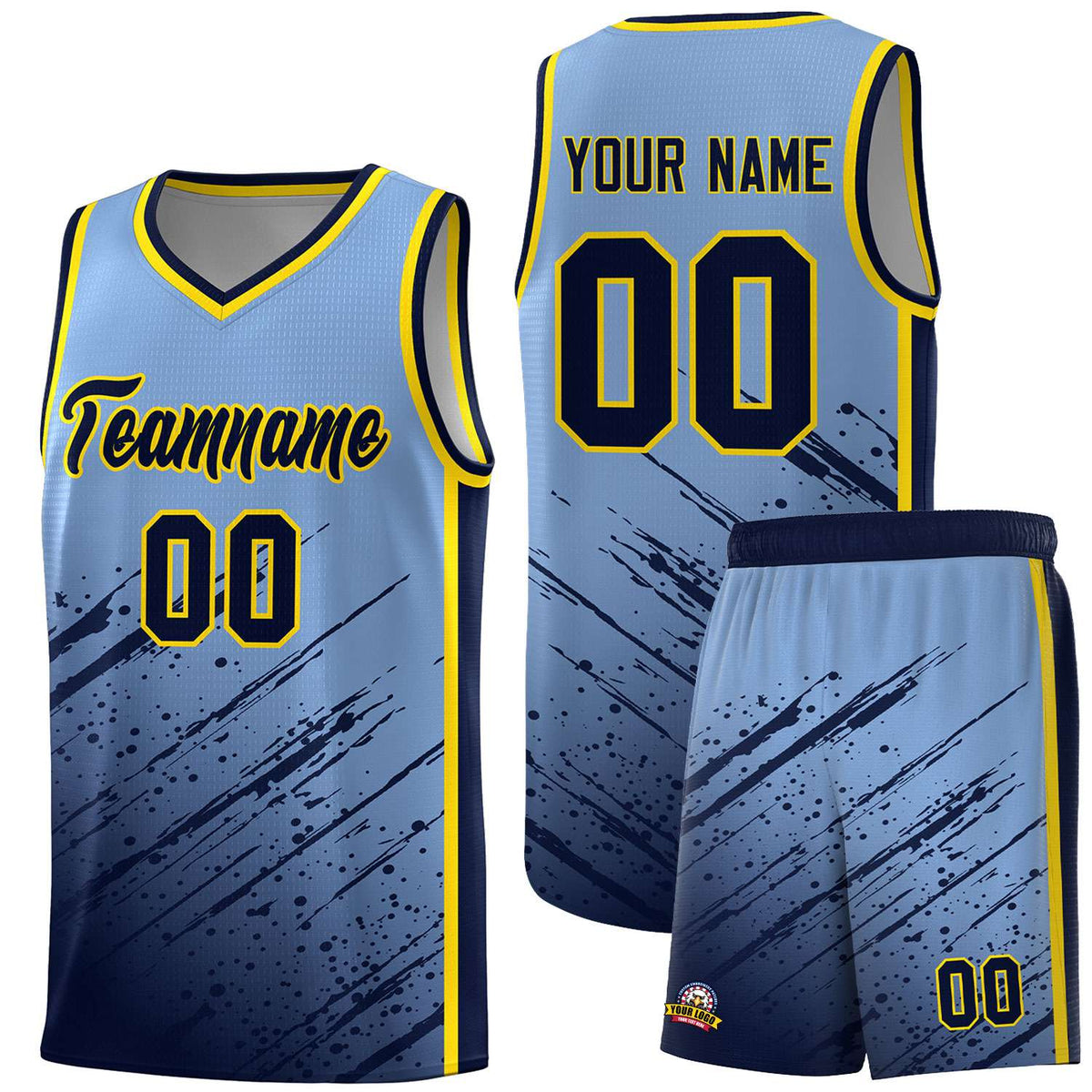 Custom Light Blue Basketball Kits With Navy Paint Graffiti