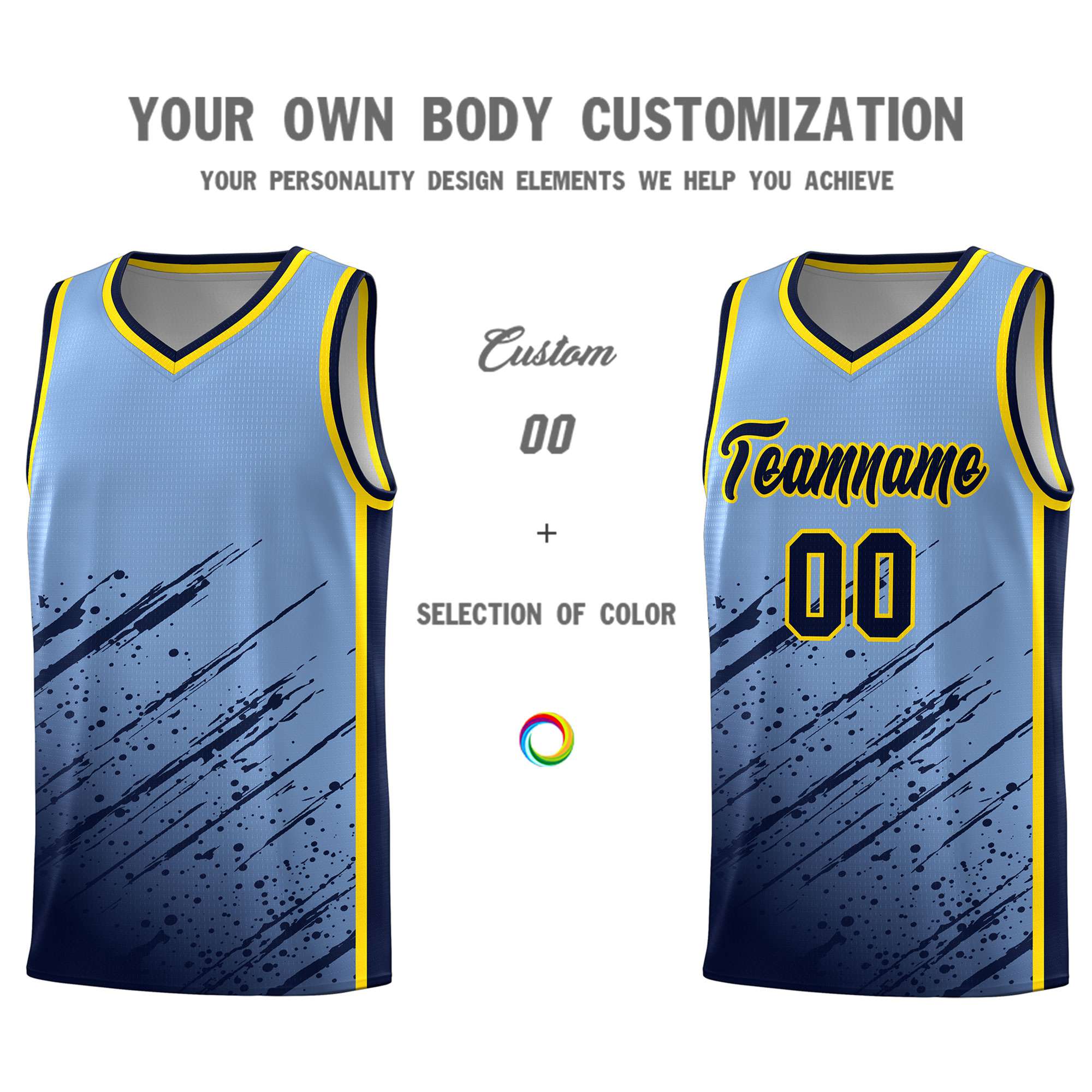 Custom Light Blue Basketball Kits With Navy Paint Graffiti