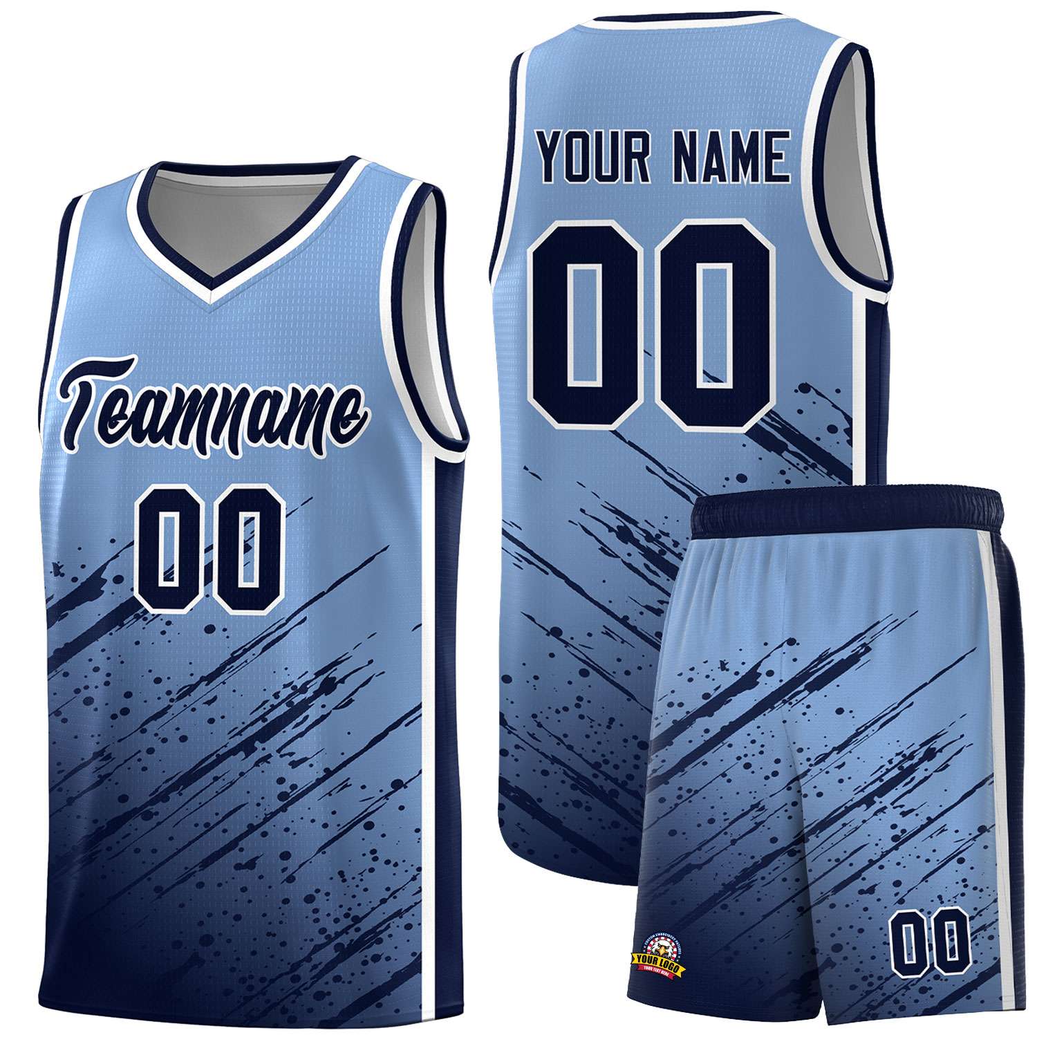 Custom Light Blue Basketball Kits With Navy Paint Graffiti