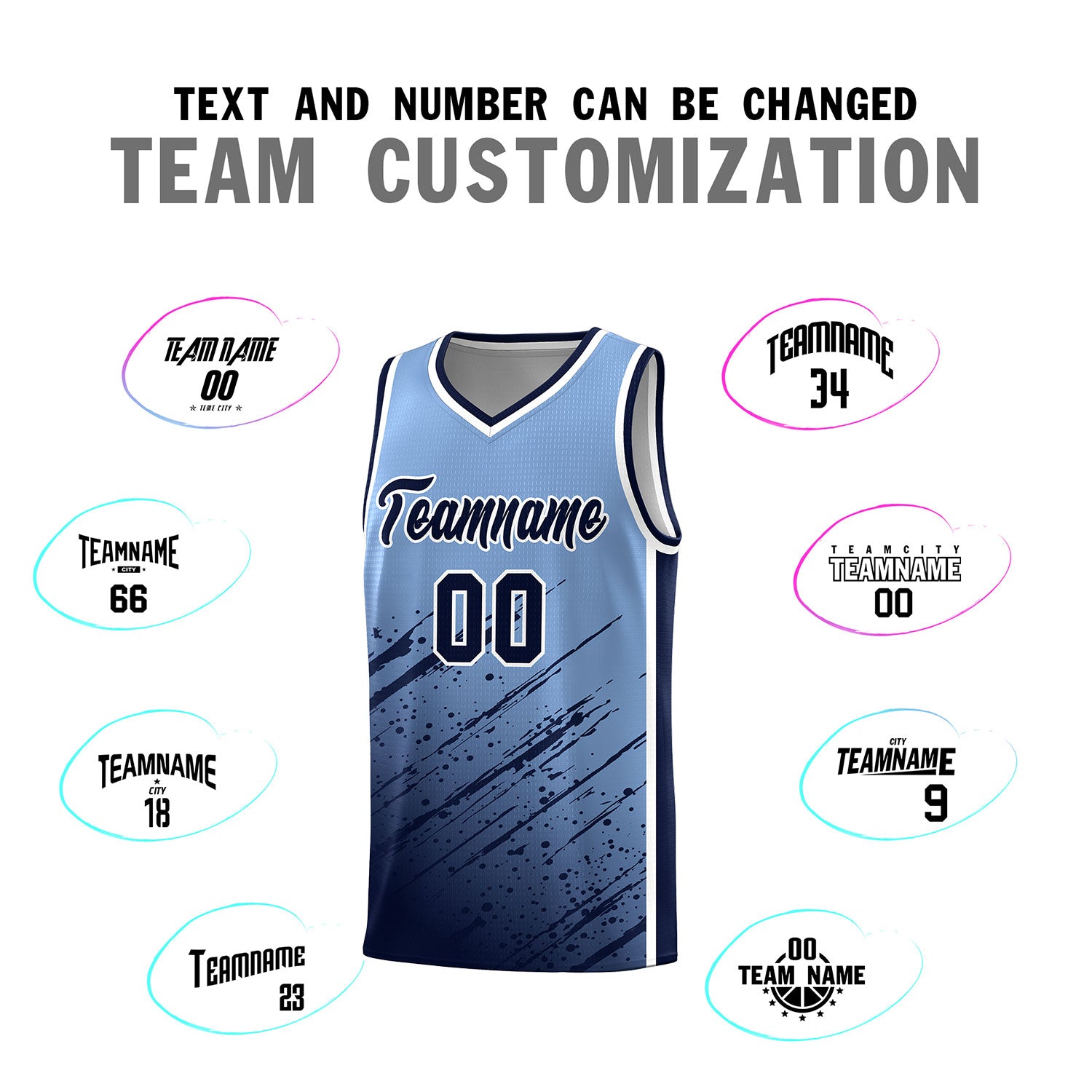 Custom Light Blue Basketball Kits With Navy Paint Graffiti