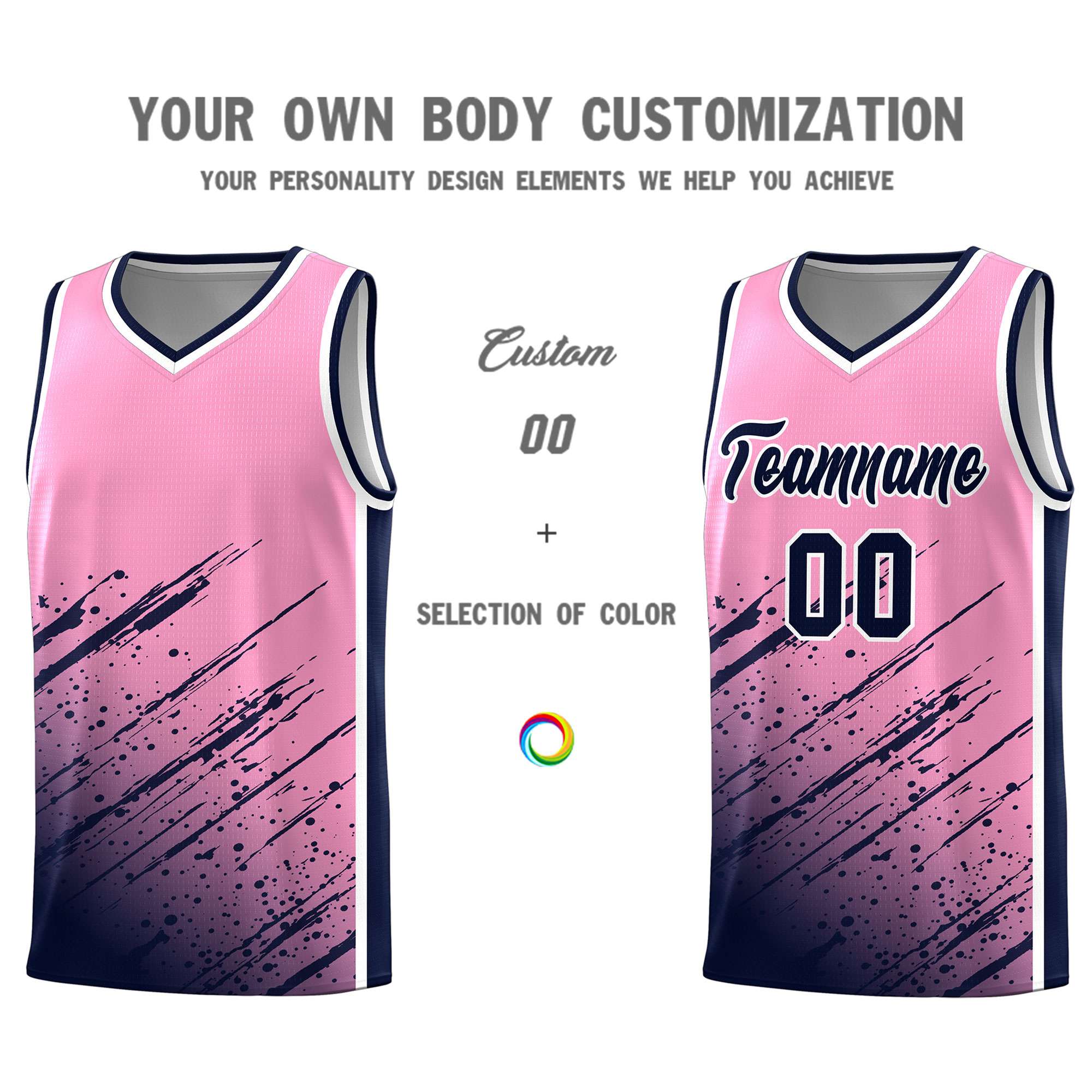 Custom Light Pink Basketball Kits With Navy Paint Graffiti