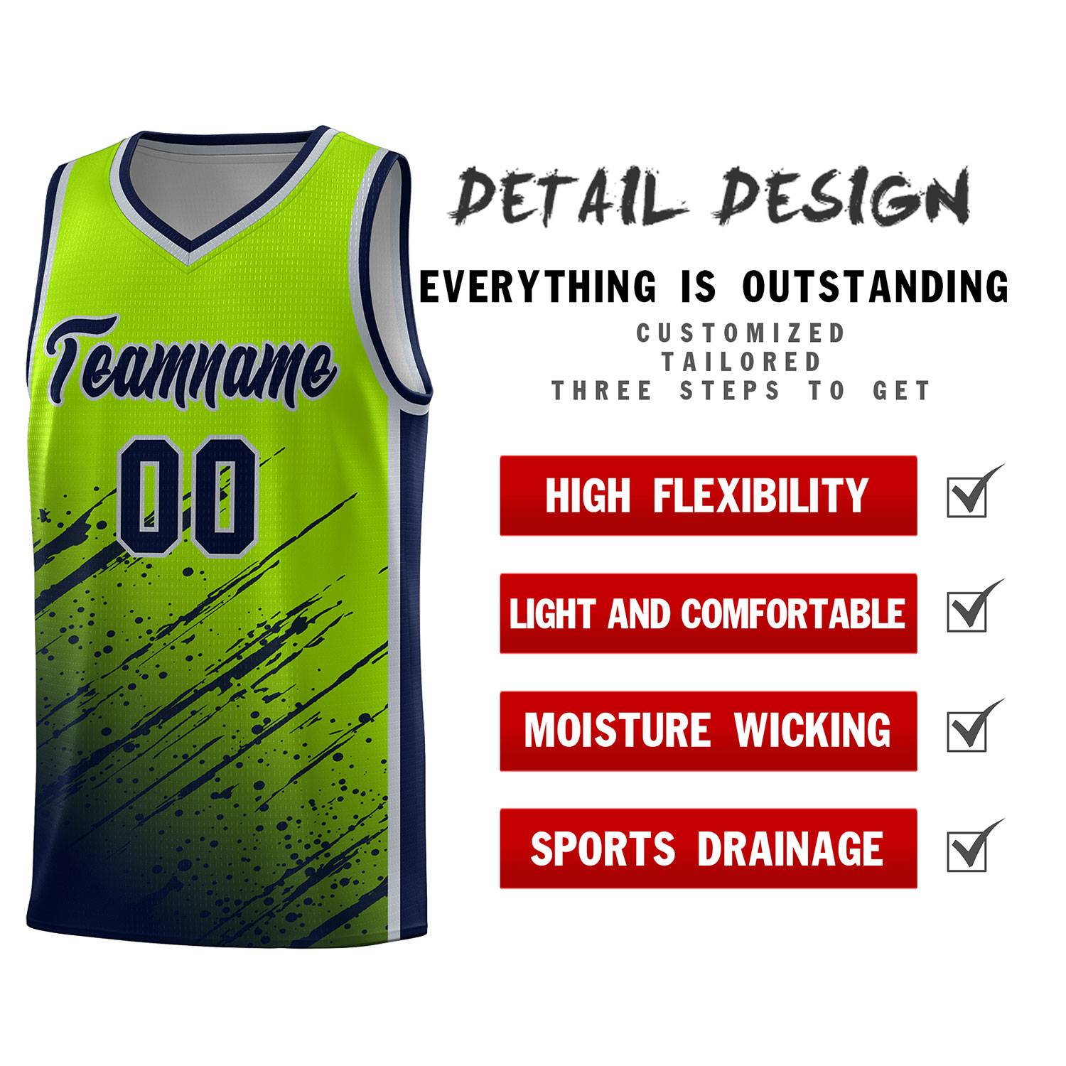 Custom Neon Green Basketball Kits With Navy Paint Graffiti