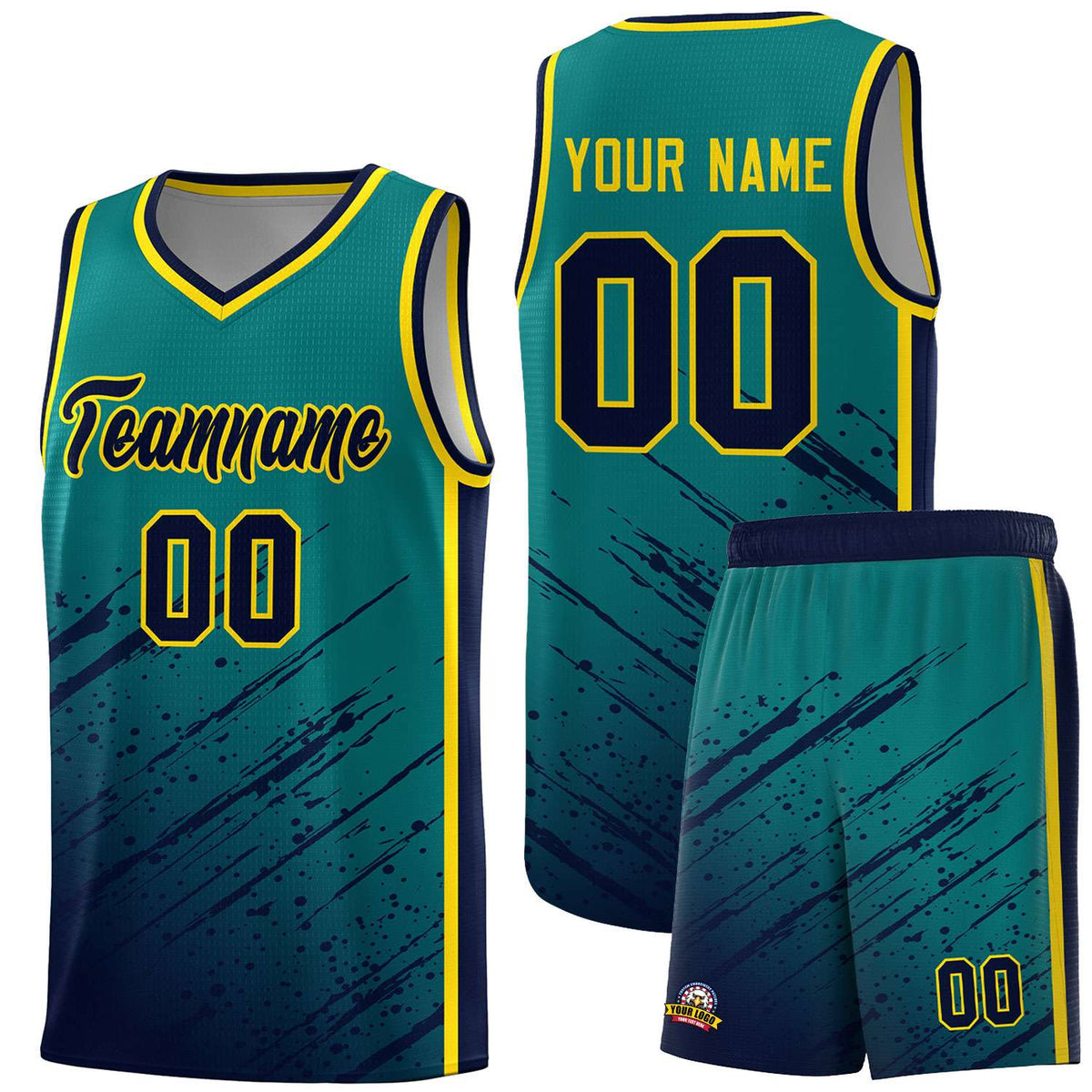 Custom Aqua Basketball Kits With Navy Paint Graffiti