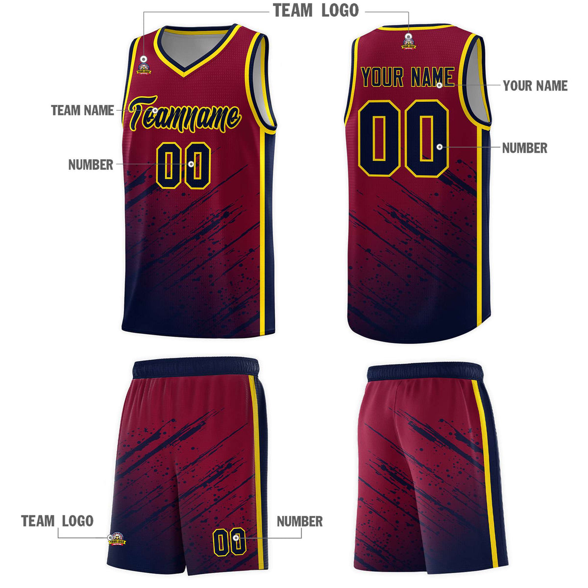 Custom Crimson Basketball Kits With Navy Paint Graffiti