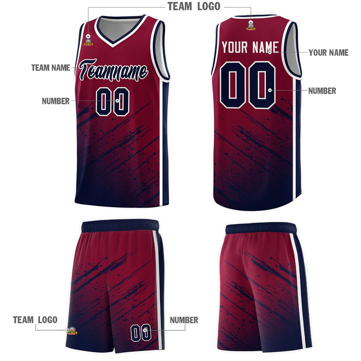 Custom Crimson Basketball Kits With Navy Paint Graffiti