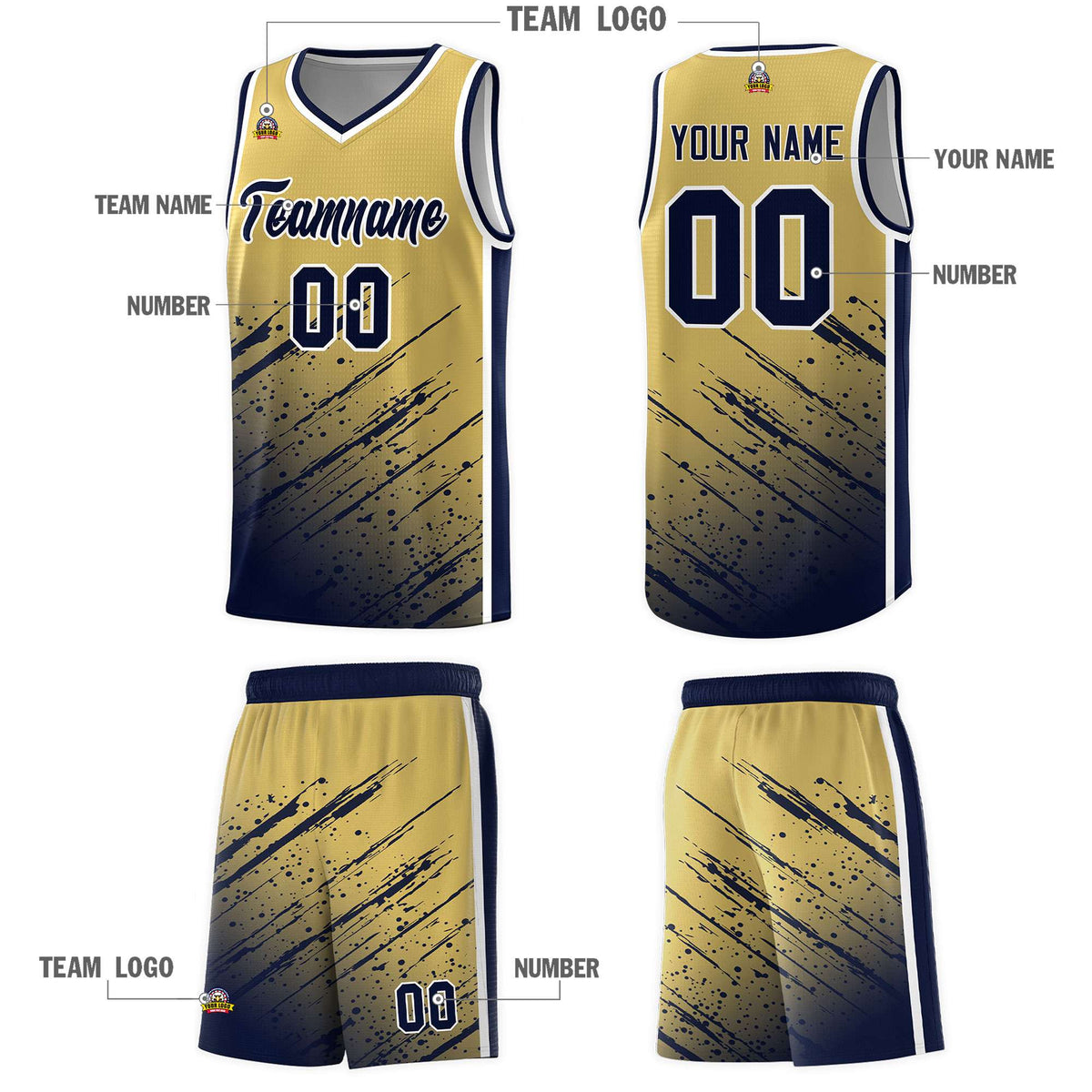 Custom Khaki Basketball Kits With Navy Paint Graffiti