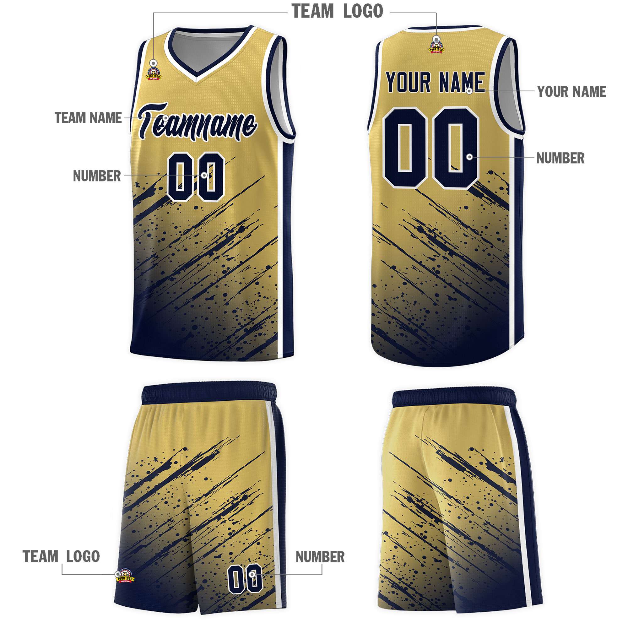 Custom Khaki Basketball Kits With Navy Paint Graffiti