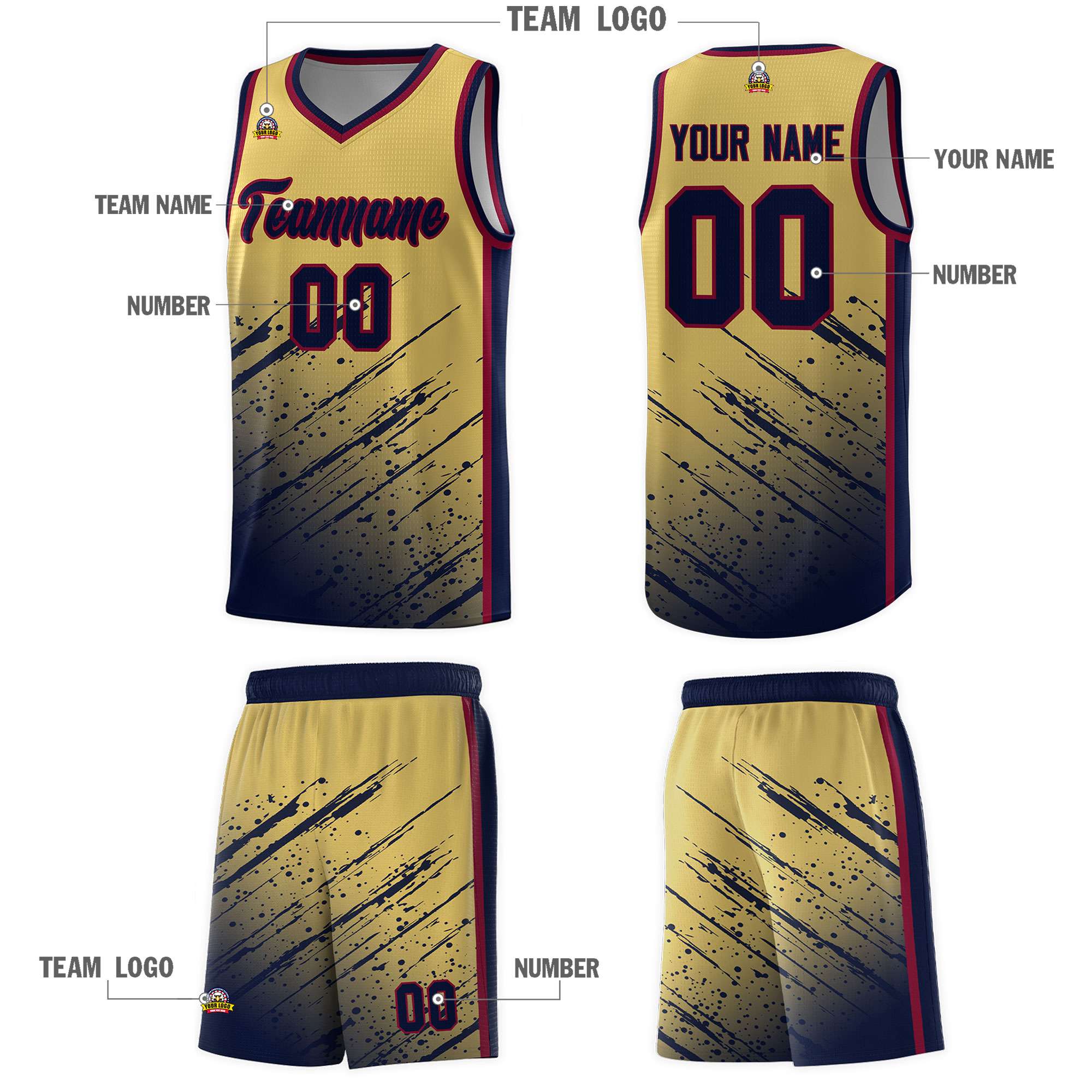 Custom Khaki Basketball Kits With Navy Paint Graffiti