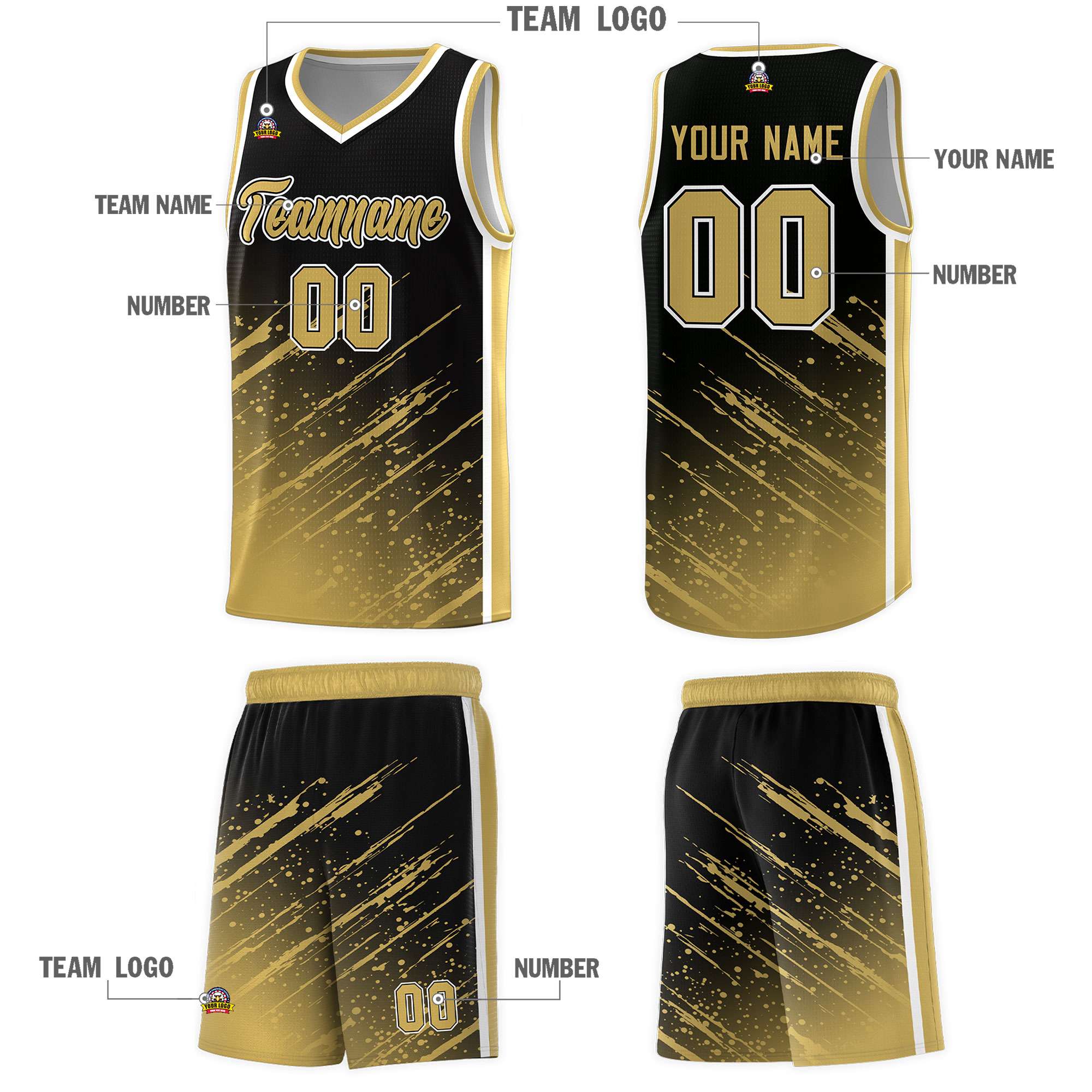 Custom Black Basketball Kits With Old Gold Paint Graffiti