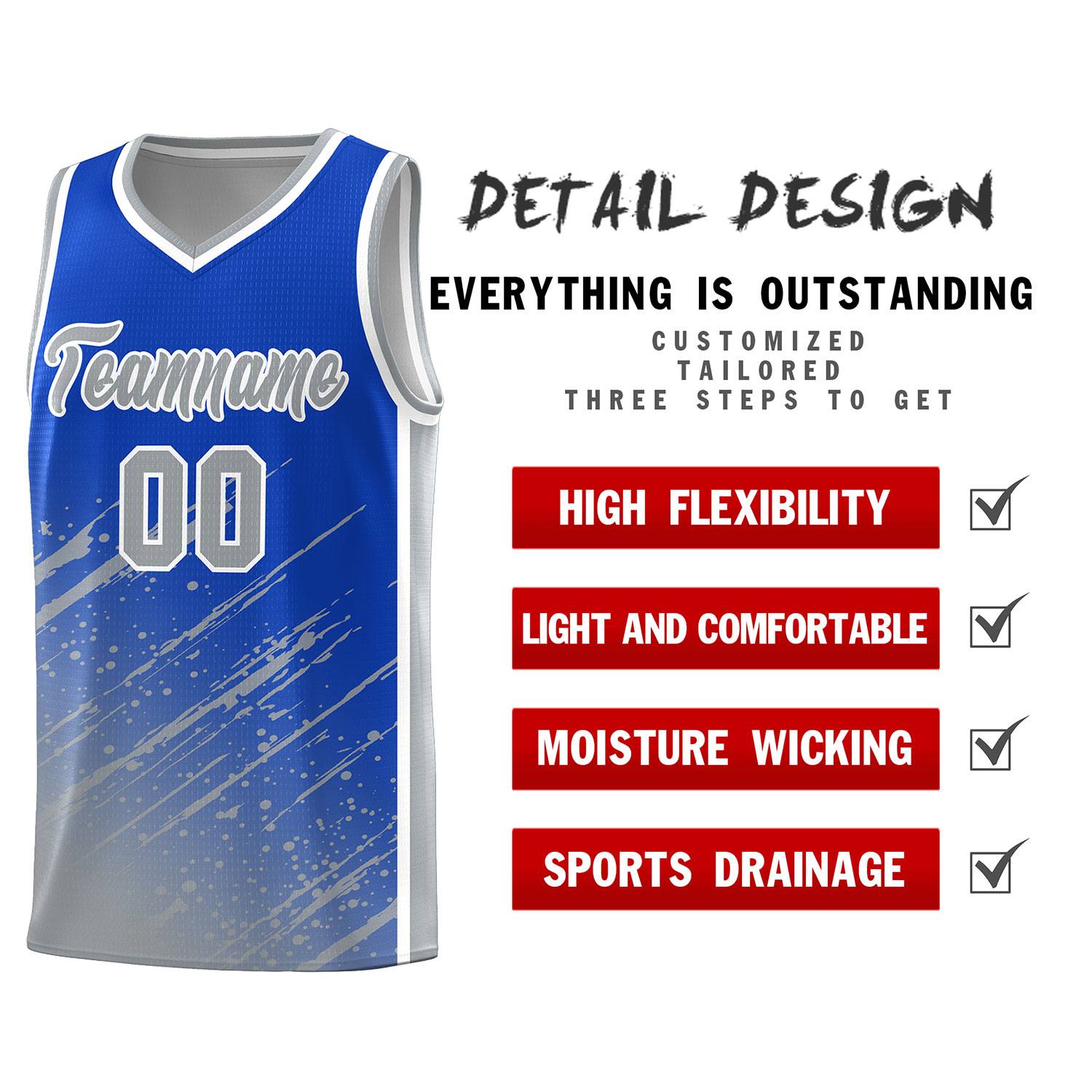 Custom Royal Basketball Kits With Gray Paint Graffiti