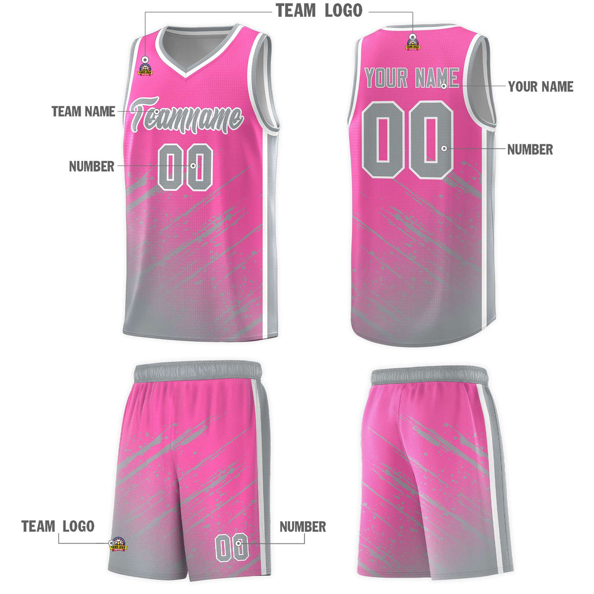 Custom Pink Basketball Kits With Gray Paint Graffiti