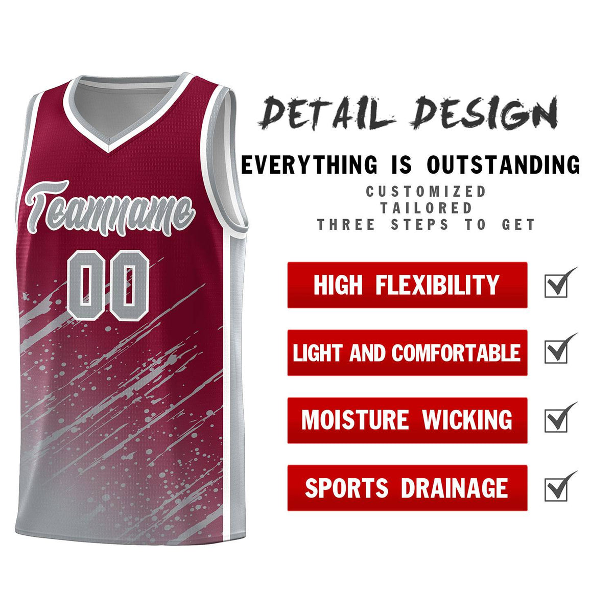 Custom Crimson Basketball Kits With Gray Paint Graffiti