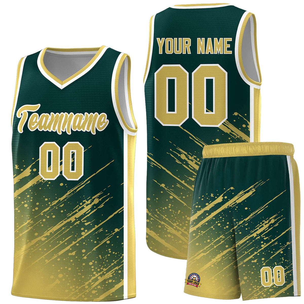 Custom Midnight Green Basketball Kits With Khaki Paint Graffiti