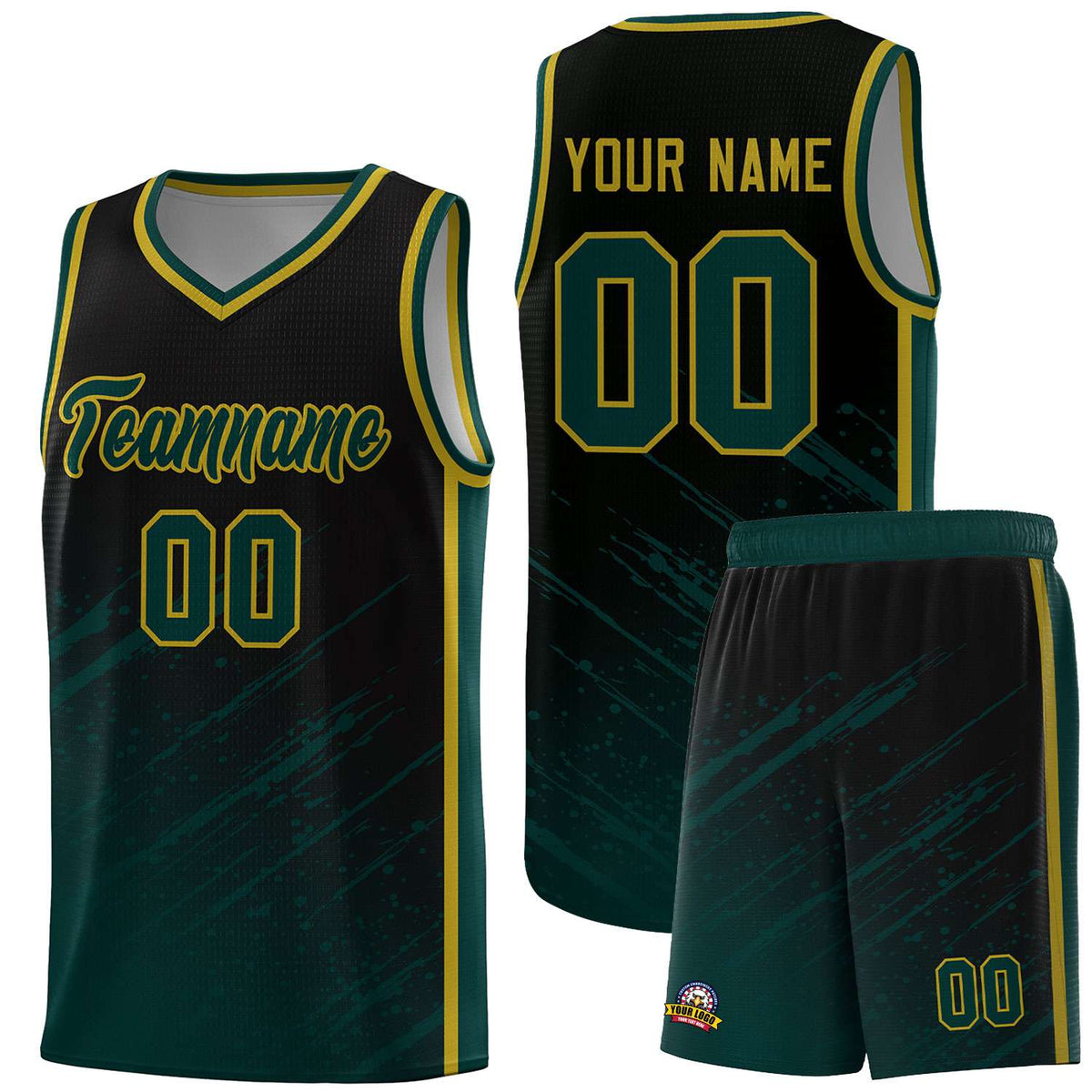 Custom Black Basketball Kits With Midnight Green Paint Graffiti