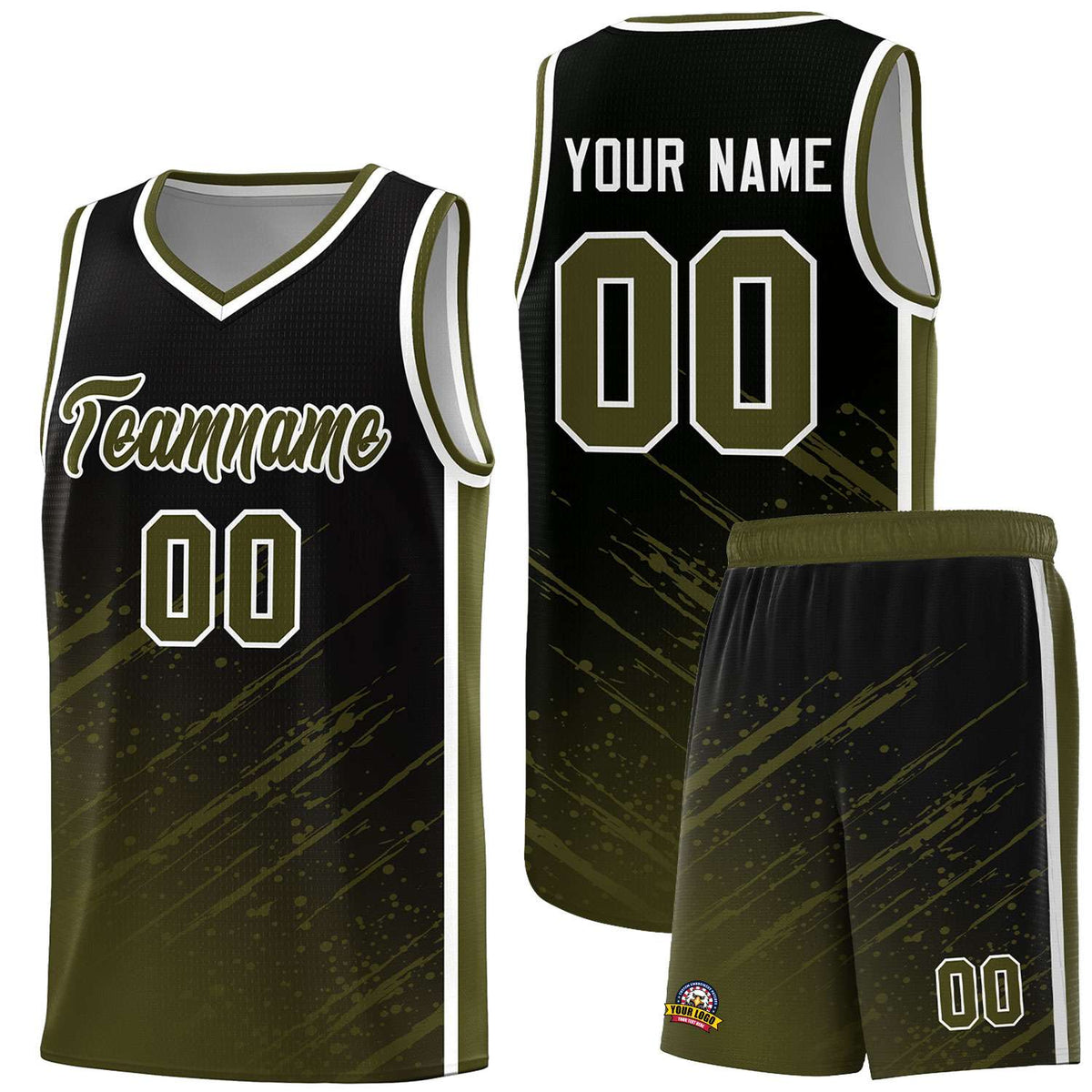 Custom Black Basketball Kits With Olive Paint Graffiti