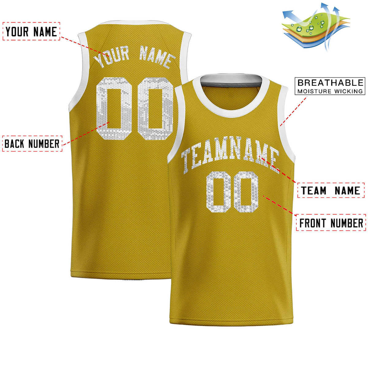 Custom Old Gold Sequined Tops Athletic Basketball Jersey