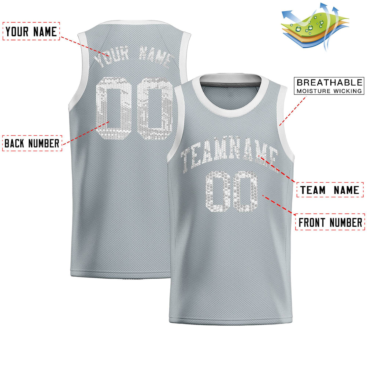 Custom Silver Sequined Tops Athletic Basketball Jersey