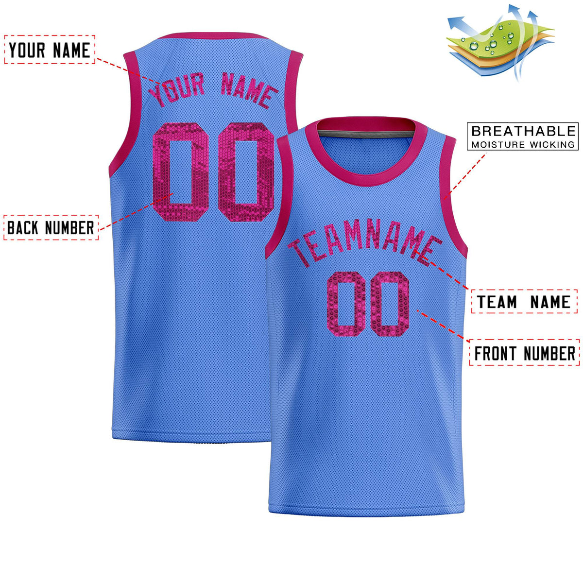 Custom Light Blue Sequined Tops Athletic Basketball Jersey