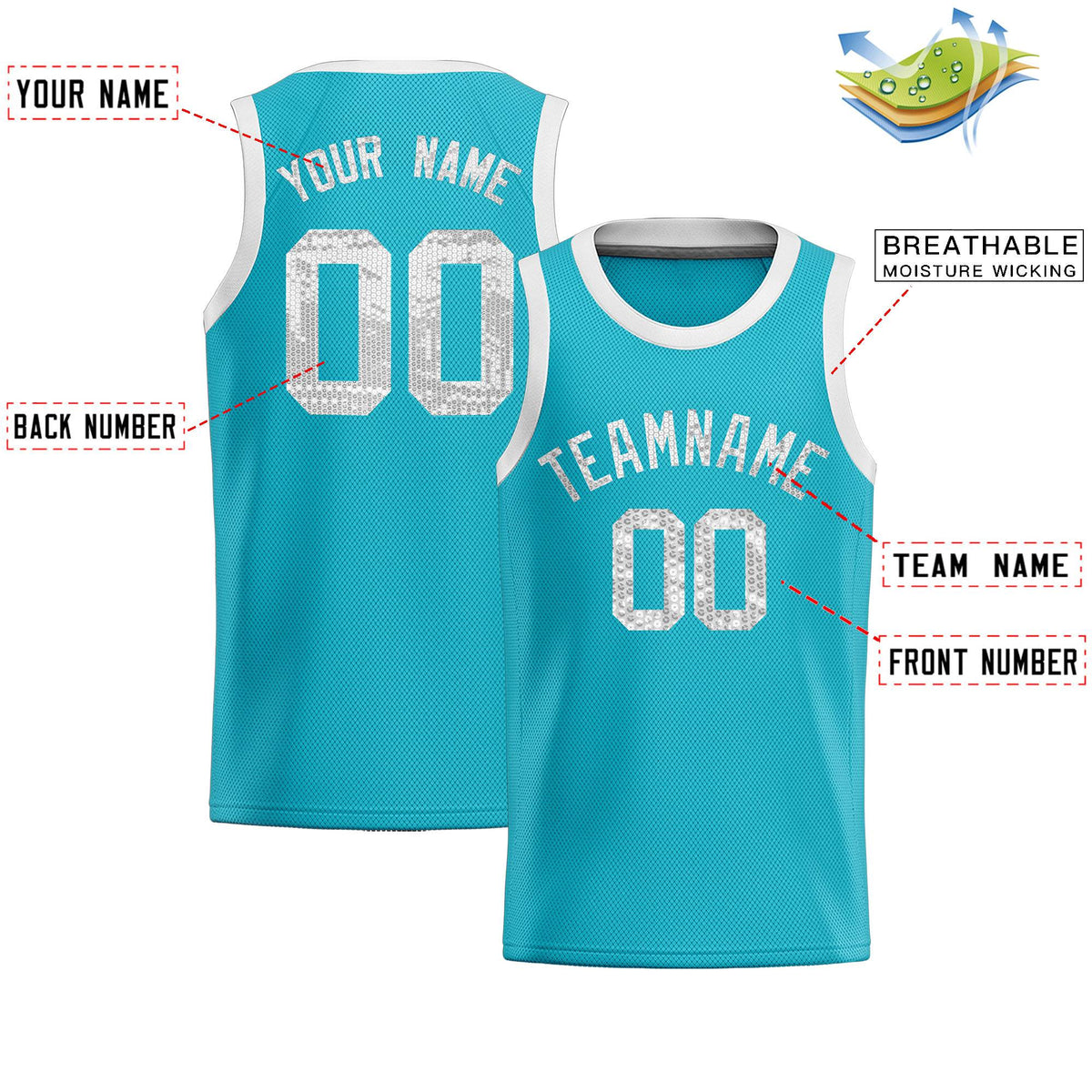 Custom Sky Blue Sequined Tops Athletic Basketball Jersey
