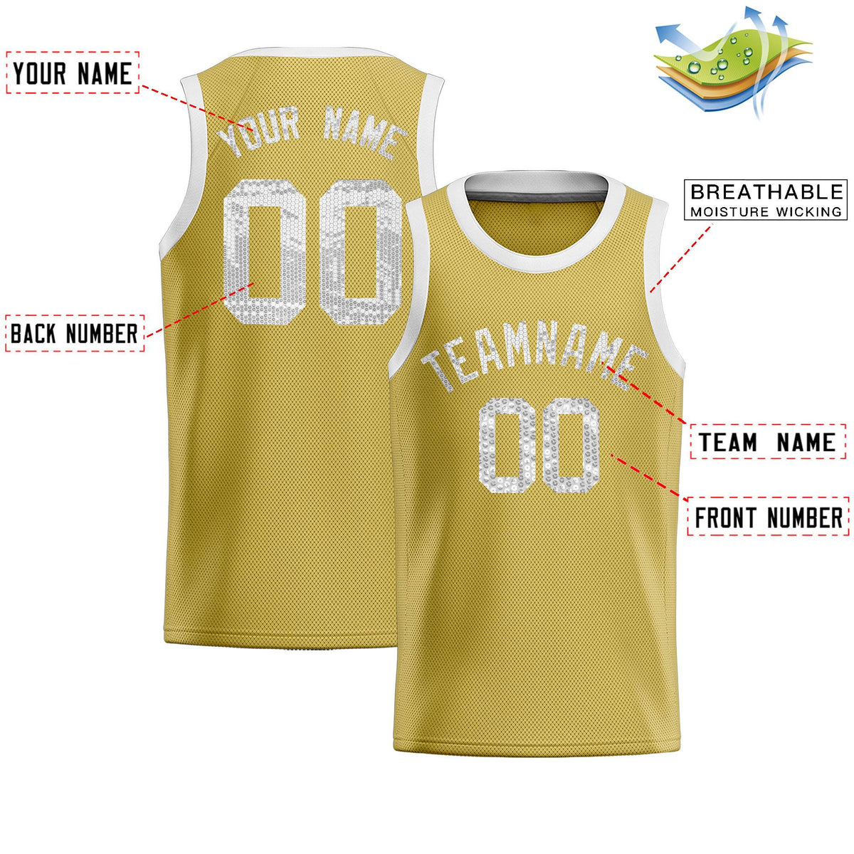 Custom Old Gold Sequined Tops Athletic Basketball Jersey