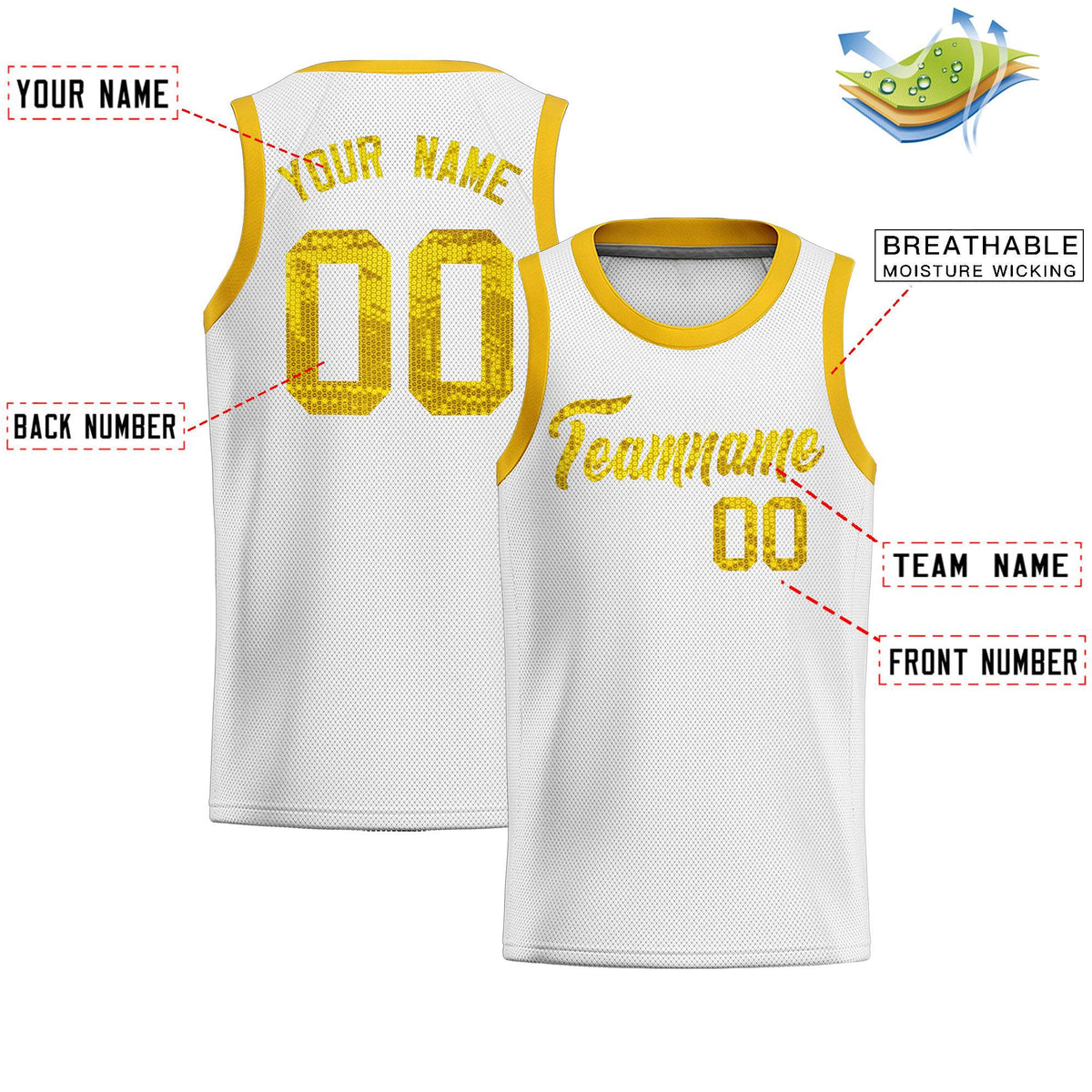 Custom White Sequined Tops Athletic Basketball Jersey