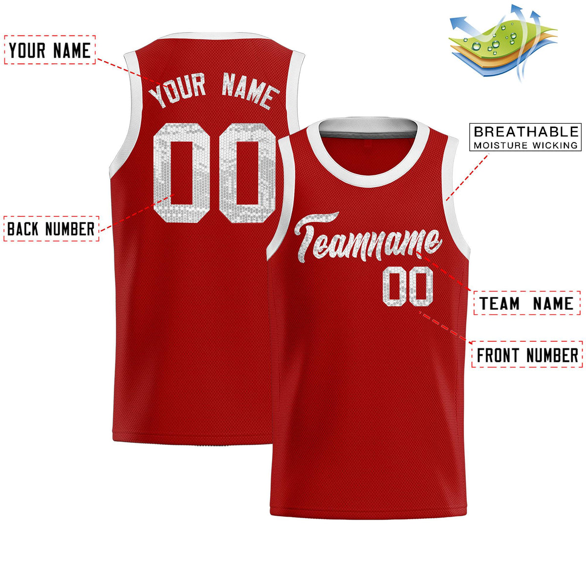 Custom Red Sequined Tops Athletic Basketball Jersey